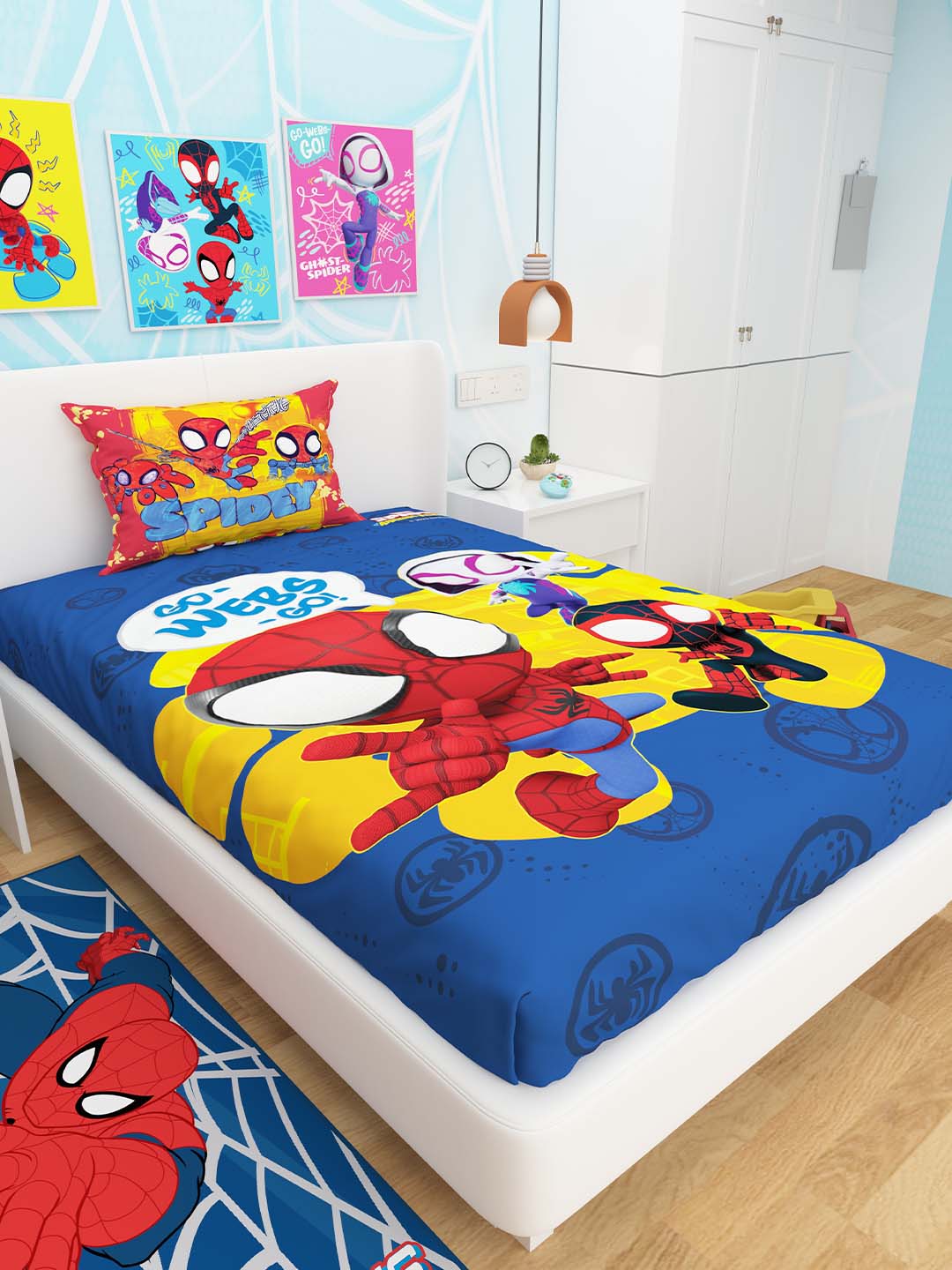 Bright and colorful Marvel Spiderman kids cotton single bedsheet with matching pillow cover, crafted from soft cotton for durability and comfort, ideal for a fun kids’ room setup.