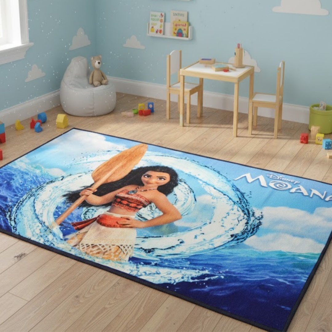 Bright and colorful Moana themed carpet by Athom Living, perfect for kids' rooms, measuring 90x150cm. This soft and durable carpet brings adventure and fun to every playtime.