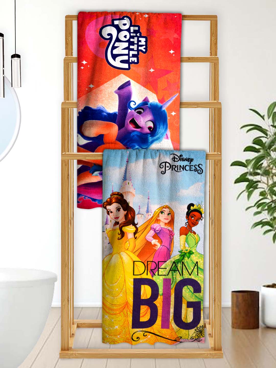Bright and colorful My Little Pony with Disney Princess themed kids bath towel, 60x120cm, 350 GSM, soft, absorbent, perfect for boys and girls, pack of 2 fun bath towels.