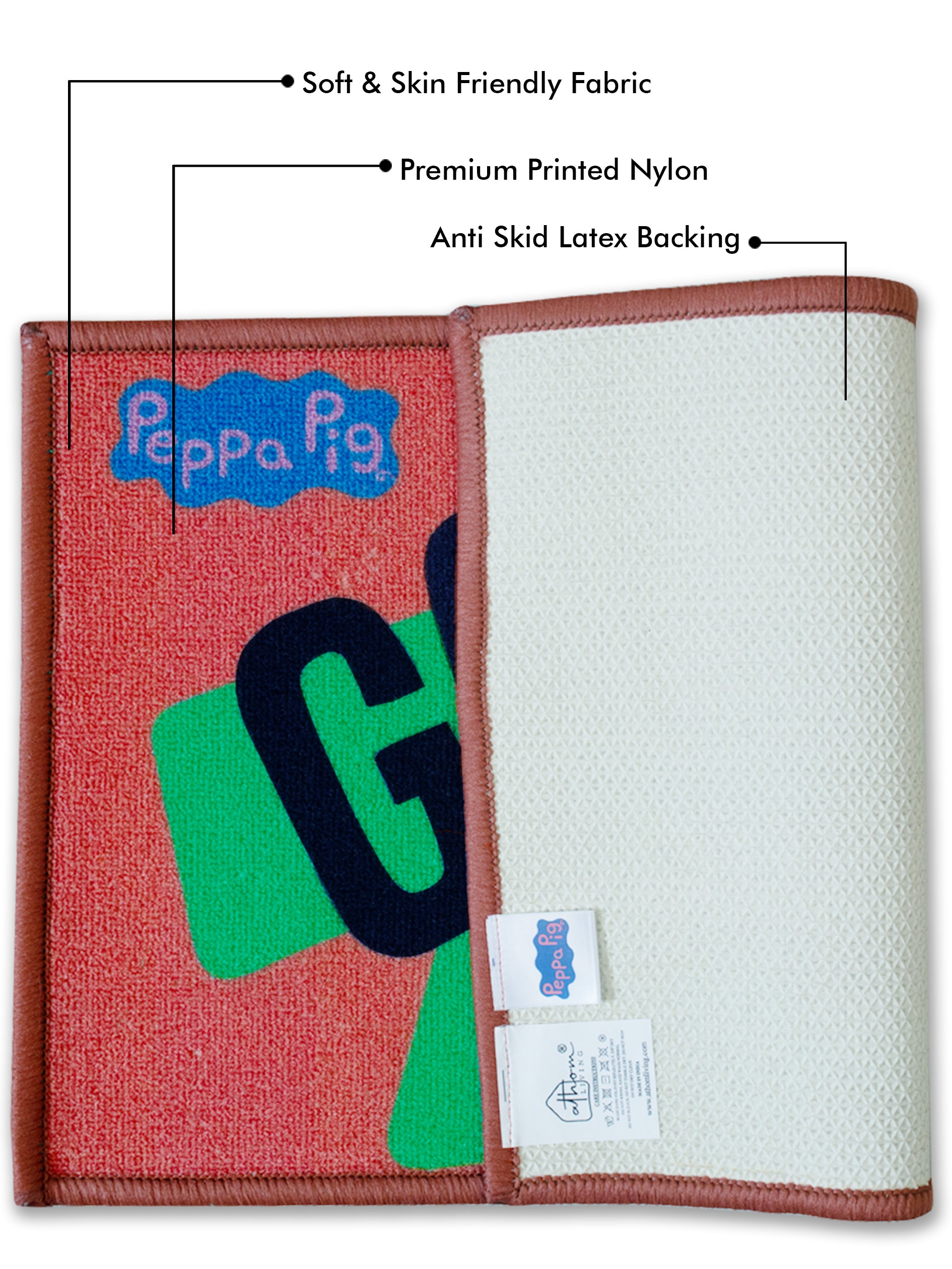 Bright and colorful Peppa Pig Door Mat for kids’ rooms. Premium printed nylon surface and anti-skid latex backing make this 37x57 cm mat ideal for fun and safe home décor.