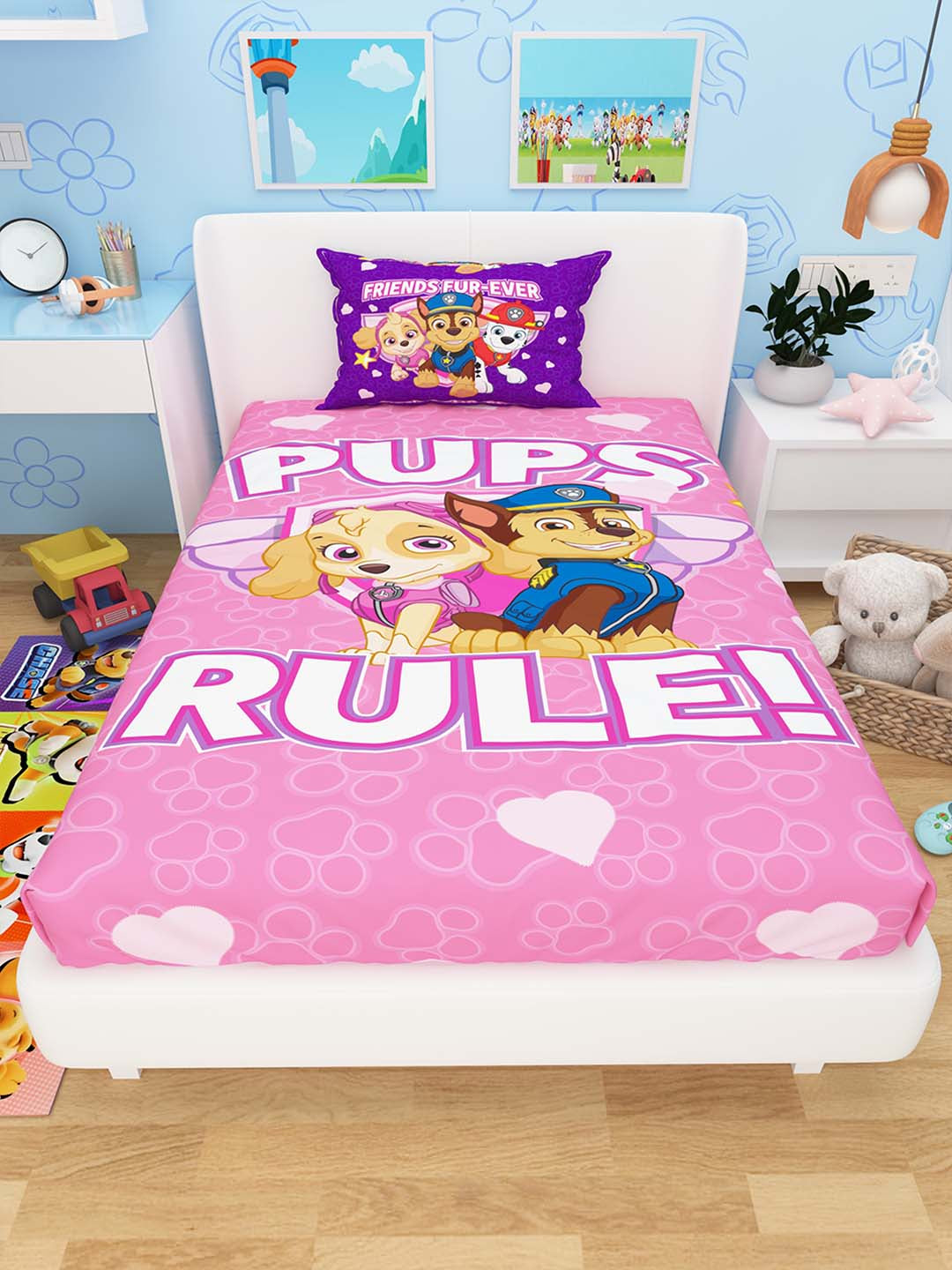 Bright and colorful Pups Rule Paw Patrol themed kids cotton single bedsheet with matching pillow cover by Athom Living, perfect for a cozy and fun bedroom for kids.