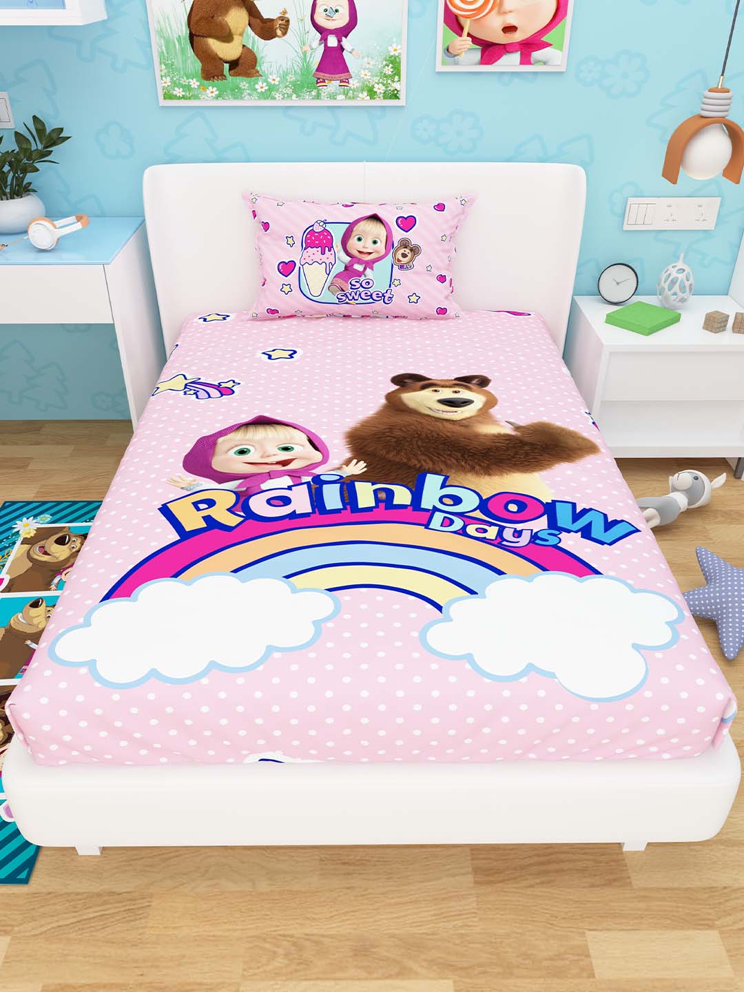 Bright and colorful Rainbow Days Masha and The Bear kids single bedsheet with 1 pillow cover by Athom Living, perfect for kids’ rooms with fun and playful designs.