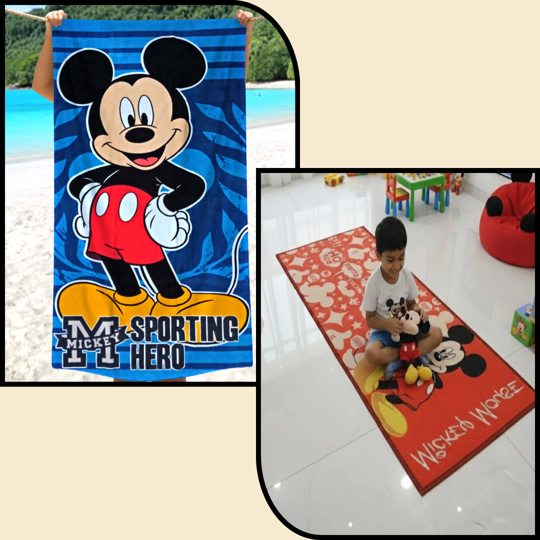 Bright and playful Mickey Mouse Kids Bath Towel and Kids Runner Carpet Combo, perfect for kids’ bathrooms and playrooms, soft cotton material, durable, fun designs, ideal for daily use by Athom Living.