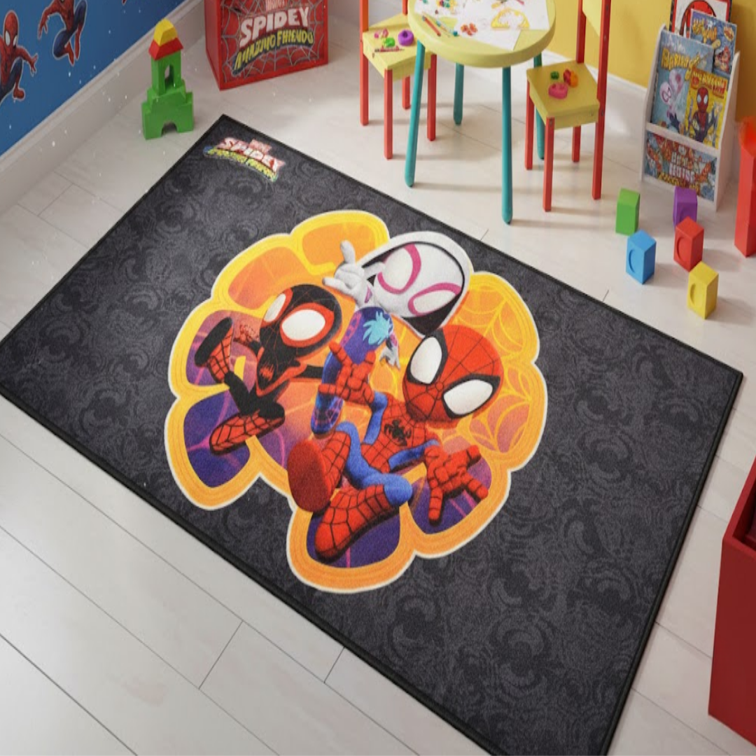 Bright and playful Mini Spidey themed carpet for kids, 90x150cm, featuring vibrant colors and soft texture, perfect for adding fun and comfort to any children’s room.