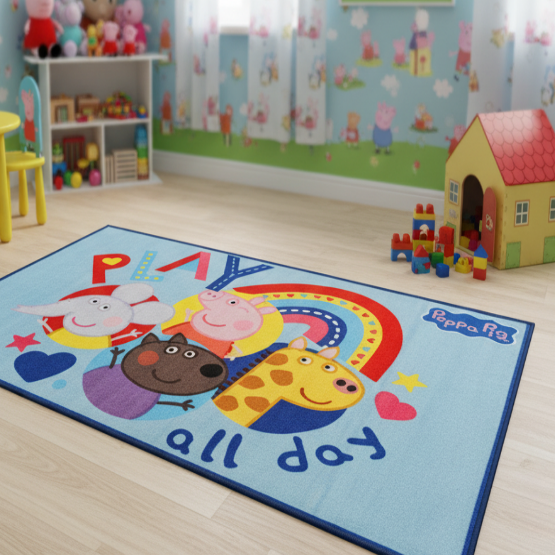 Bright and playful Peppa Pig themed carpet by Athom Living, perfect for kids' rooms, adding fun and comfort. The 90x150cm carpet brings joy and a colorful touch to any space.