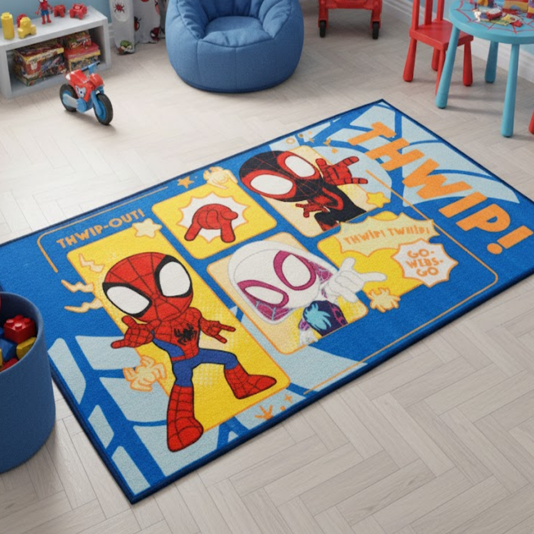 Bright and playful Spidey themed carpet for kids, showcasing Spider-Man in action, perfect for bedroom fun, measuring 90x150cm, adding vibrant charm and comfort to any room.