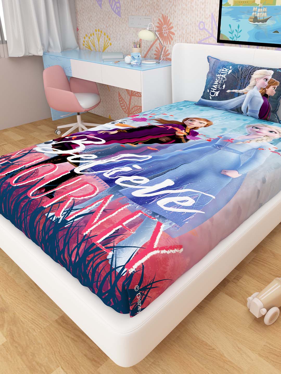 Bright and vibrant Disney Frozen kids single bedsheet with 1 pillow cover from Athom Living, cotton fabric, soft and durable, adding charm and comfort to any child’s bedroom.