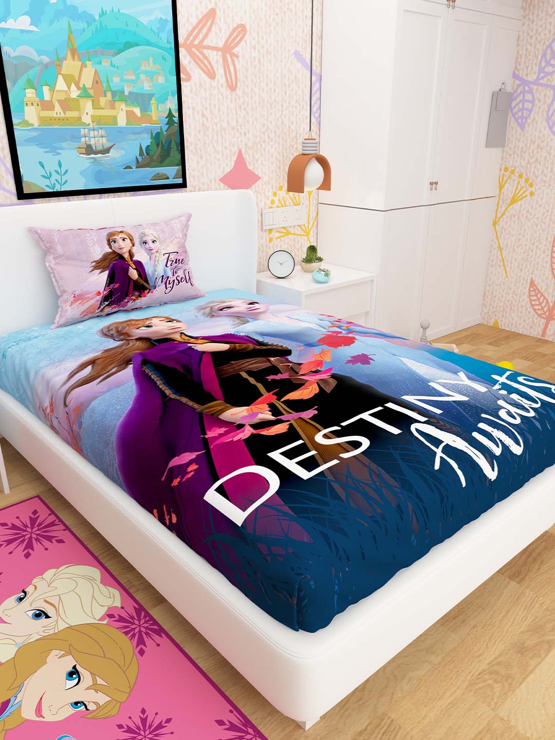 Bring magic to your child’s room with Destiny Awaits Frozen kids cotton single bedsheet, crafted for comfort and style, including a matching pillow cover and colorful Frozen designs.
