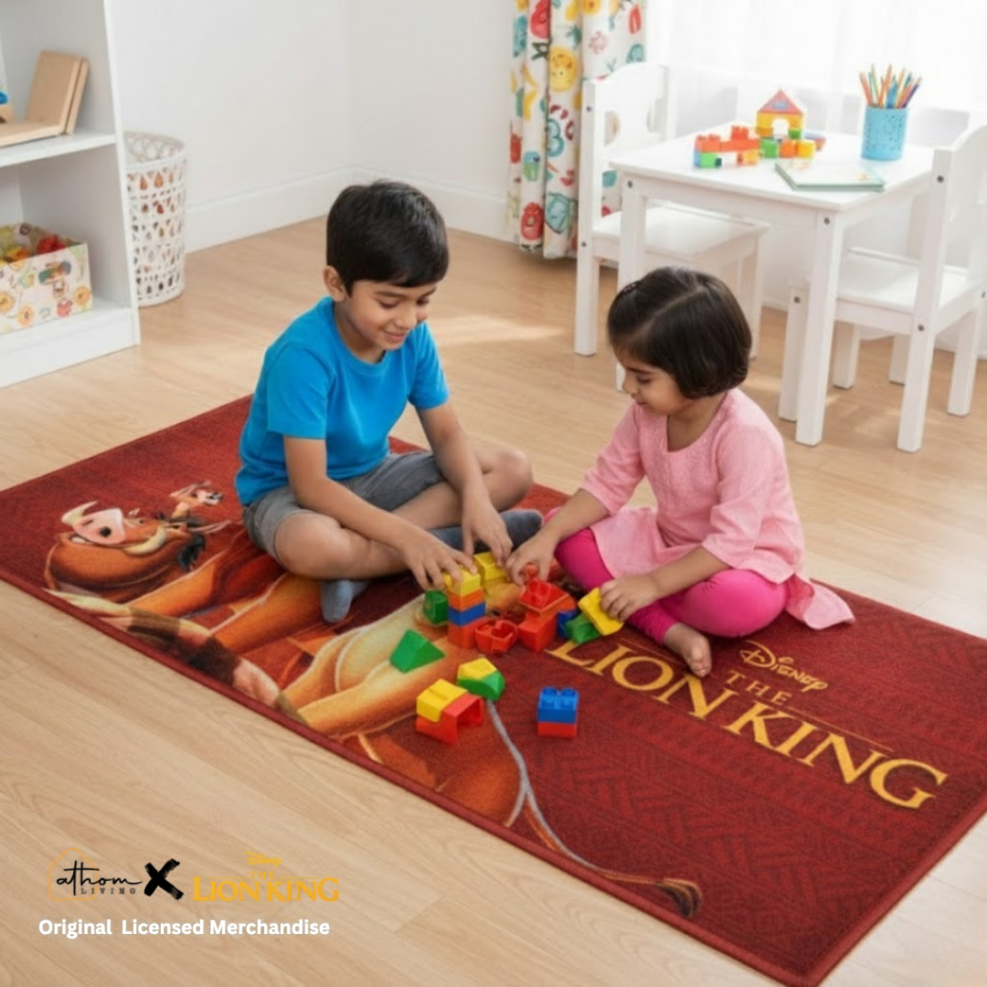 Bring the wild magic of Lion King to your child’s room with this runner carpet by Athom Living, featuring colorful Simba and friends, plush fabric, and anti-slip backing for a safe runner carpet.