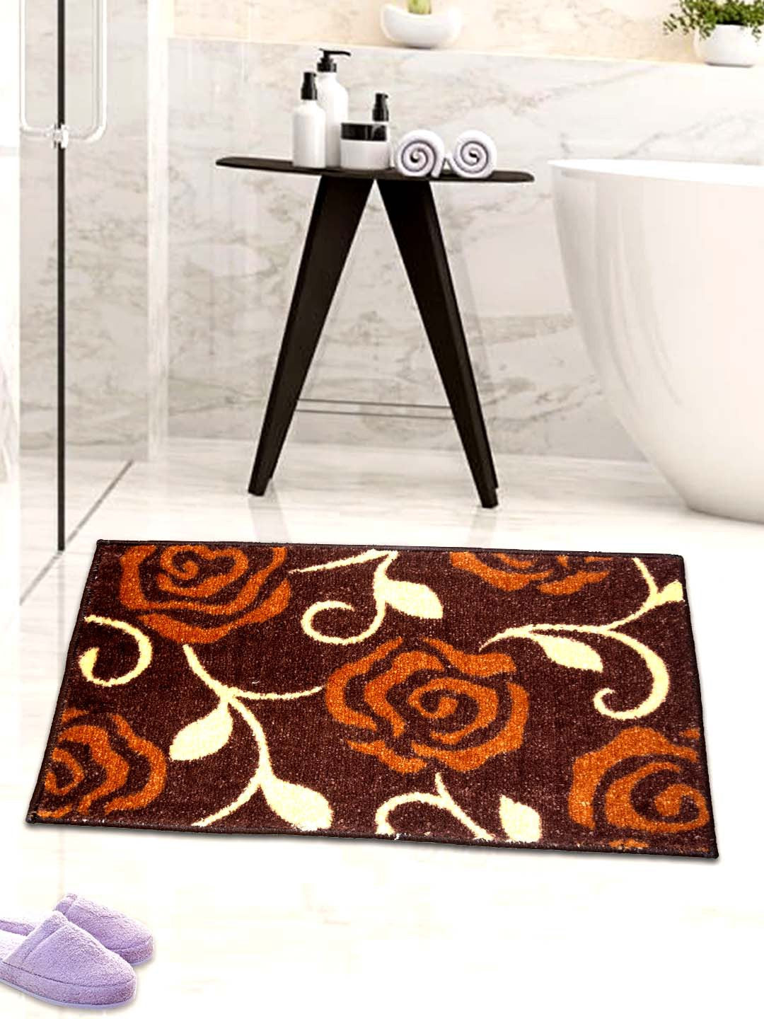 Brown Flower Micro Designer Soft Anti Slip Bath Mat by Athom Living, perfect for your bathroom, soft and absorbent, non-slip, stylish design, ideal as a bathmat or doormat for home use.