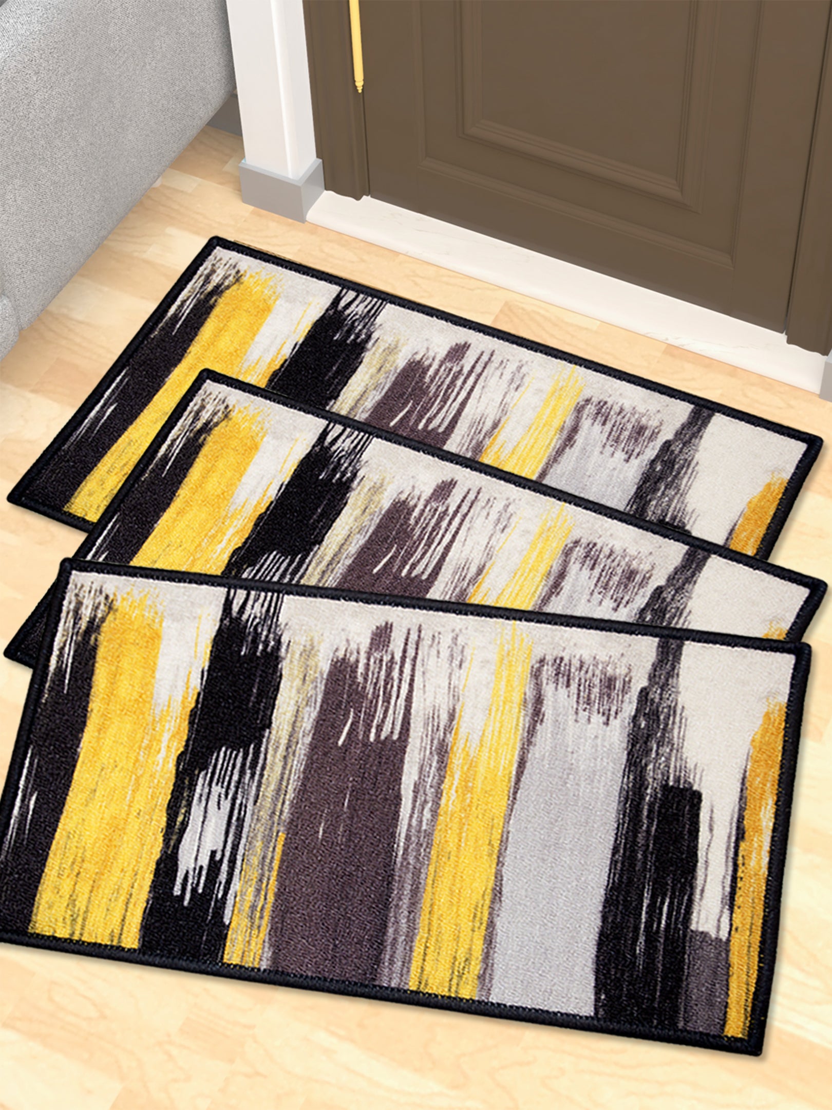 "Canvas Yellow Premium Anti Slip Printed Door Mat Pack of 3 by Athom Living, designed for home entryways with durable material and strong grip, ideal as a stylish doormat or bathmat for modern interiors."