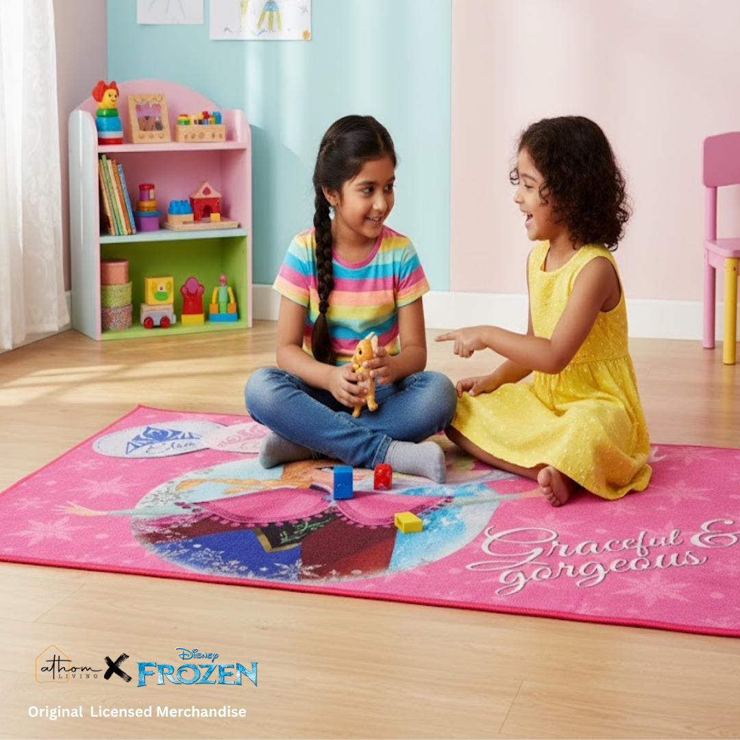Cheerful Disney Frozen Sisters carpet with bright colors and playful design, ideal for children's rooms, size 90x150cm, soft texture, and durable, by Athom Living.