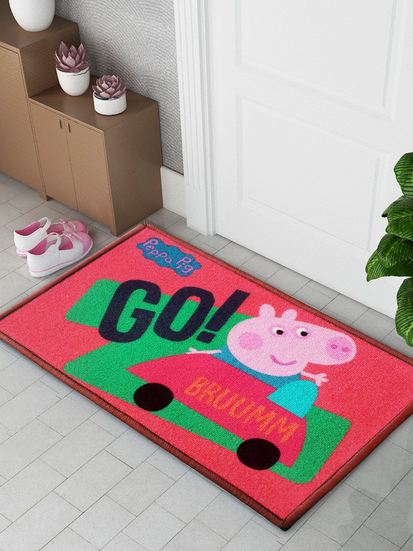 Cheerful Peppa Pig Kids Door Mat / Bath Mat Medium (37x57 cm) made of premium printed nylon with anti-skid latex backing – perfect for kids’ rooms, bathrooms, or play areas.