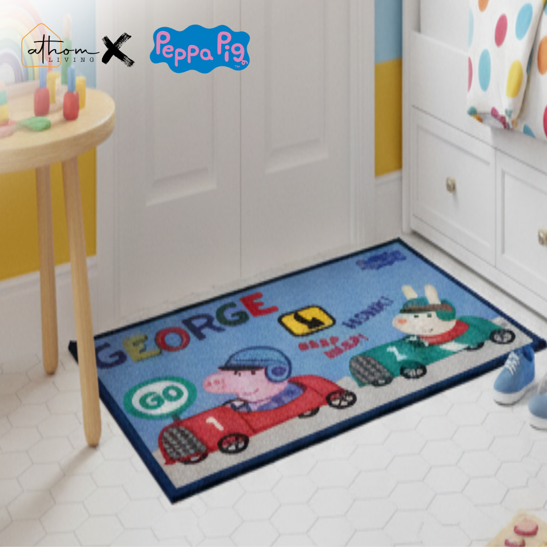 Cheerful Peppa Pig themed anti-skid kids door mat by Athom Living featuring George Pig with “Beep Beep! Honk Honk!” design, perfect for brightening up children’s rooms and keeping floors clean.