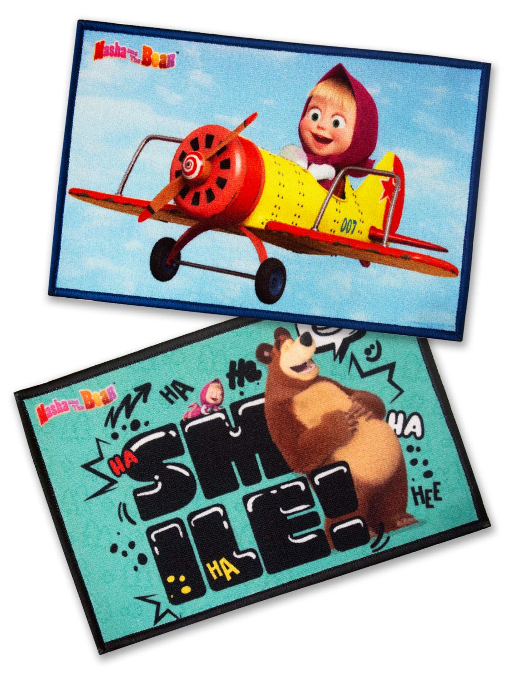 Colorful Athom Living Masha and The Bear Smile kids nylon doormat, digital printed, anti-skid latex backing, durable and stylish, set of 2 for home decor.
