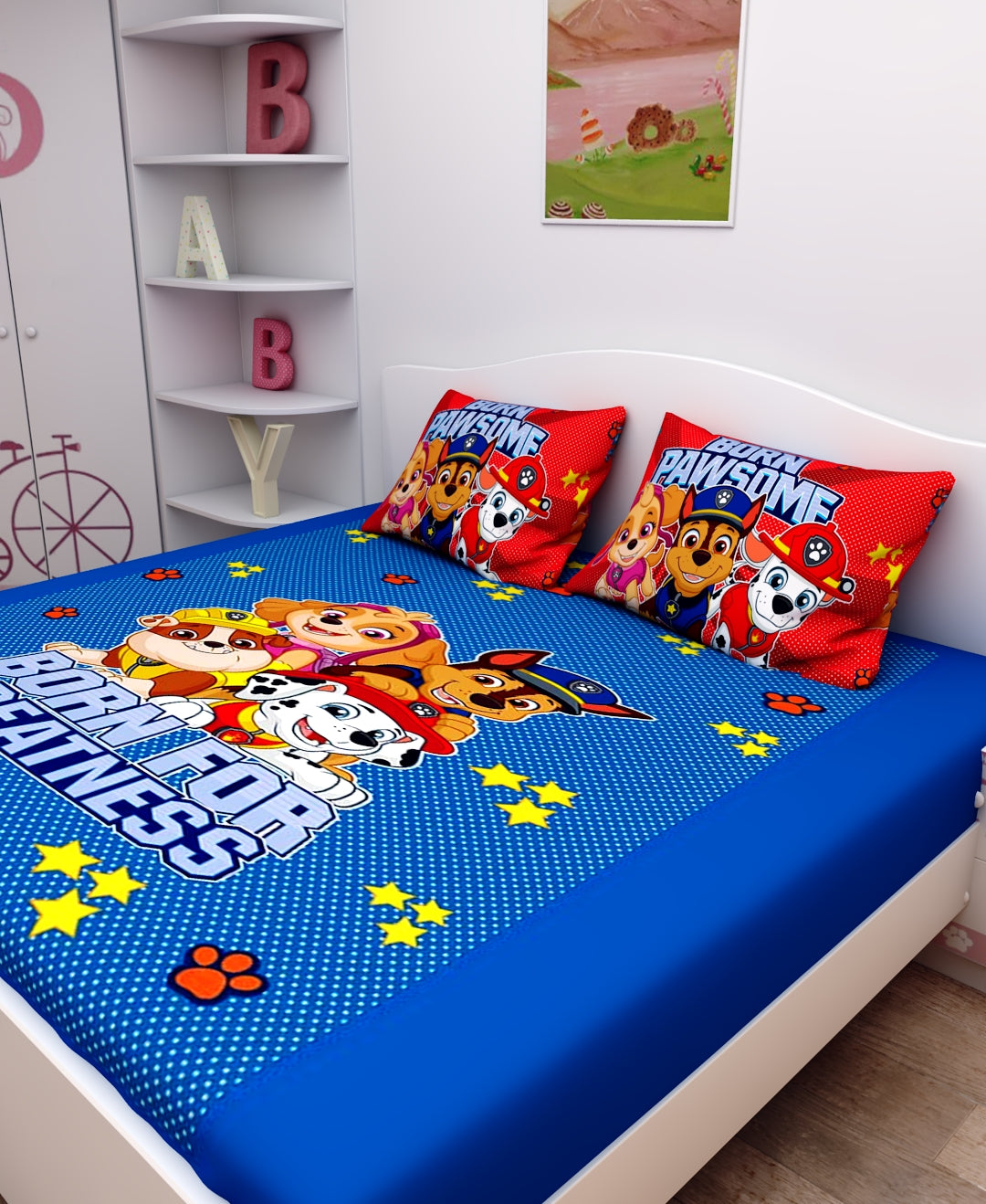 Colorful Born For Greatness Paw Patrol cotton kids double bedsheet with 2 pillow cover by Athom Living, crafted for comfort, durability, and cheerful room décor to delight young Paw Patrol fans.