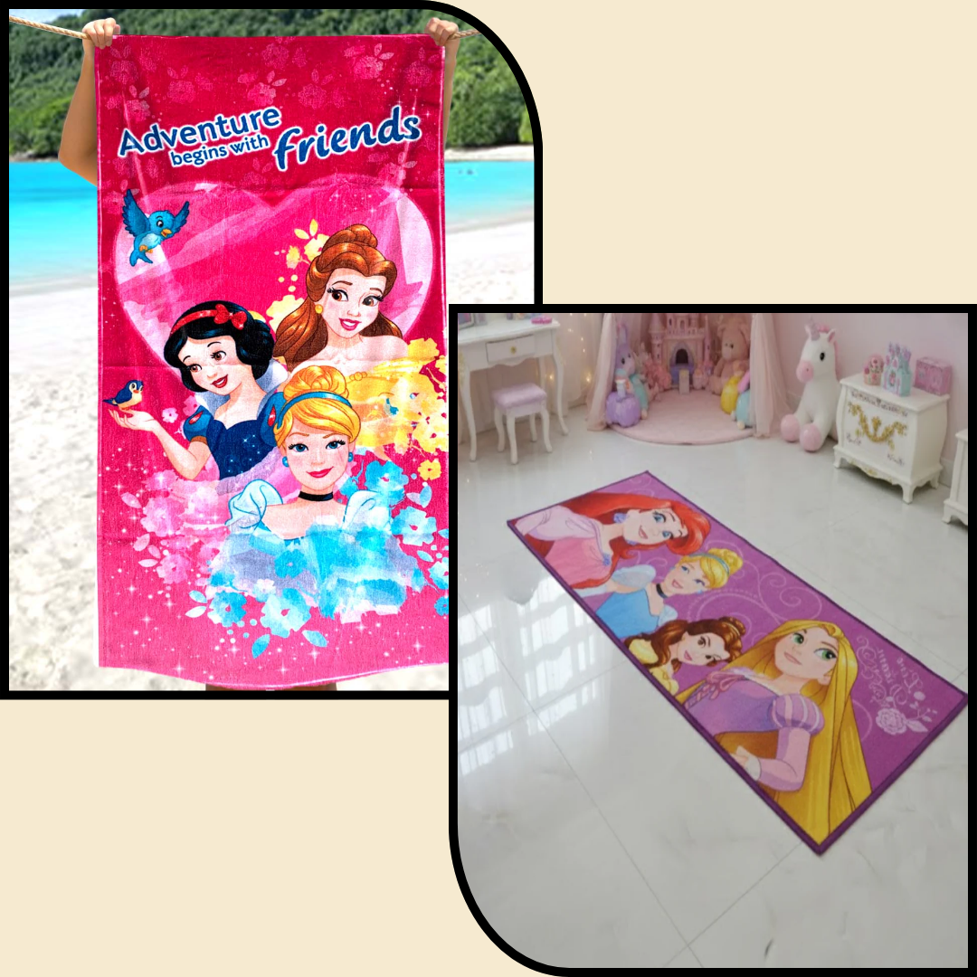 Colorful Disney Princess Friends kids bath towel and kids runner carpet combo by Athom Living, perfect for kids’ bathroom décor, soft, absorbent, and durable for everyday use.