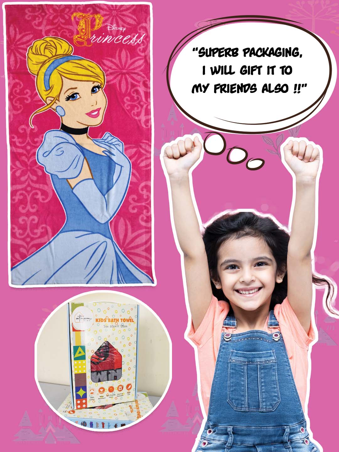 Colorful Disney Princess kids bath towel made from 100% cotton, 60x120 cm size, 350 GSM softness. Gentle, absorbent, and quick drying.