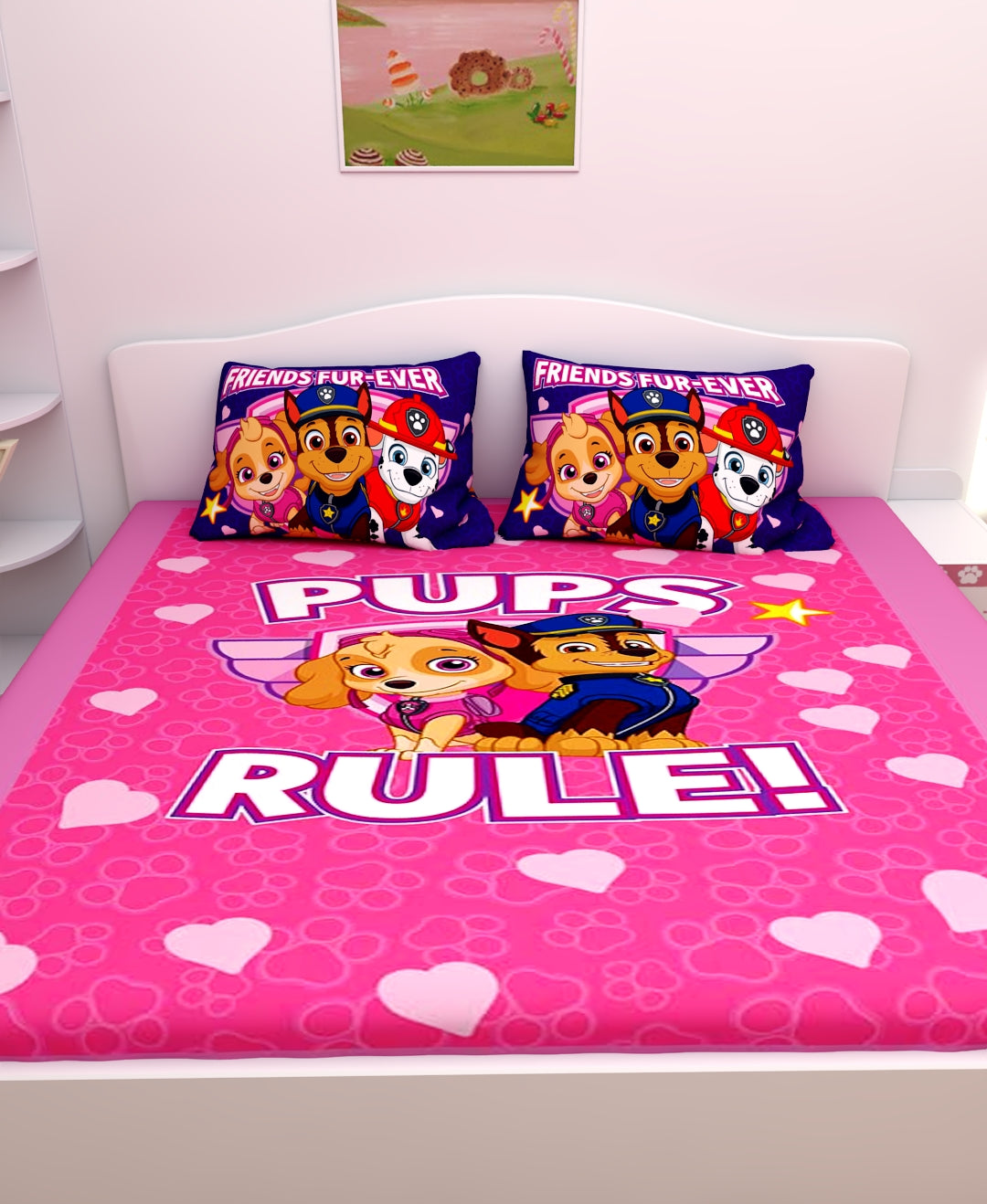 Colorful Friends Forever Paw Patrol themed kids double bedsheet with 2 pillow cover by Athom Living designed with soft cotton, durable stitching and fun prints that enhance comfort and add charm to kids’ rooms.
