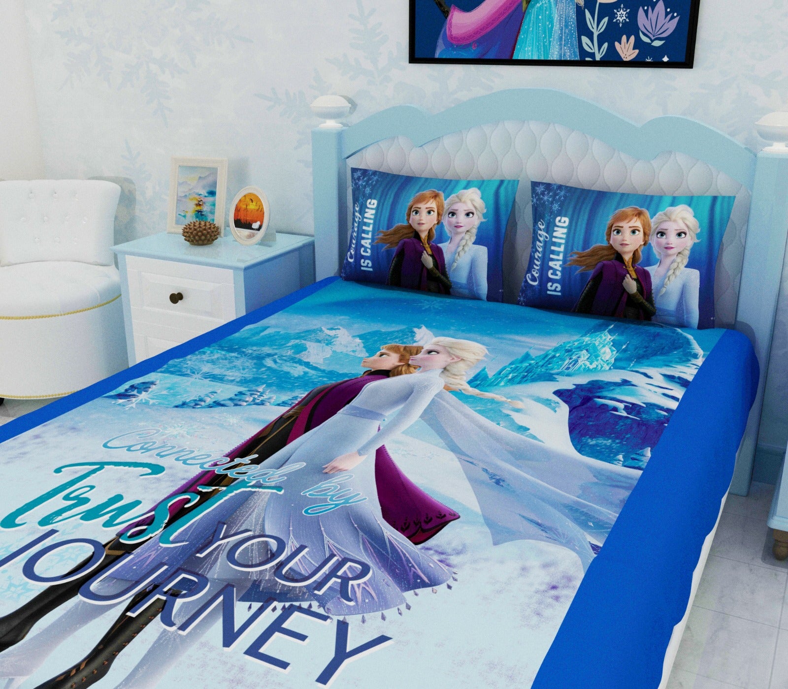 Colorful Frozen Together Forever kids bedsheet set with 2 pillow cover made from soft cotton, designed for double beds and perfect for enhancing any kid’s room with magical Disney character prints.