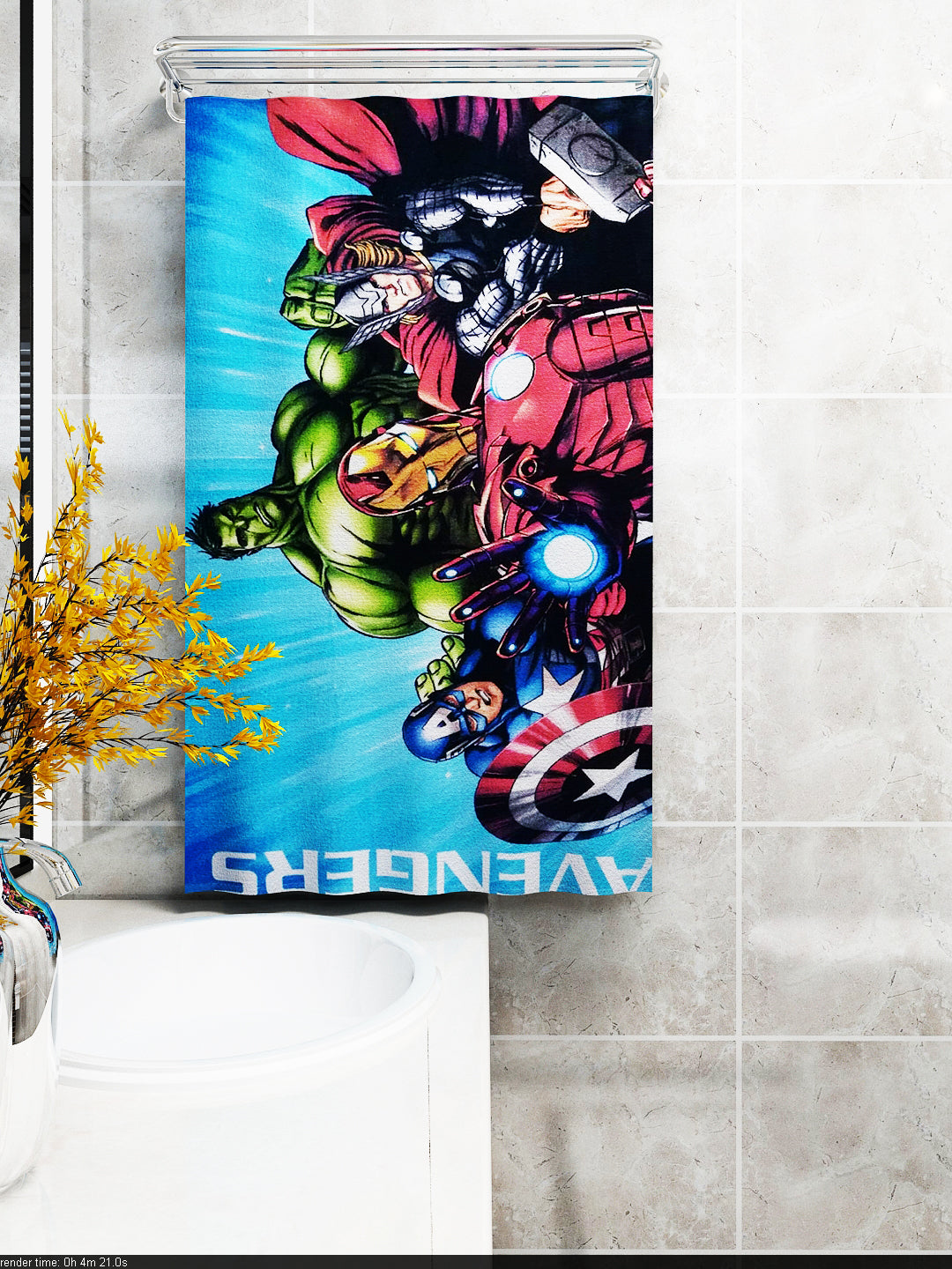 Colorful Marvel Avengers Group kids bath towel designed in 350 GSM cotton for superior softness. The 60x120 cm towel highlights iconic superheroes, making it a fun and practical choice for daily use by kids.