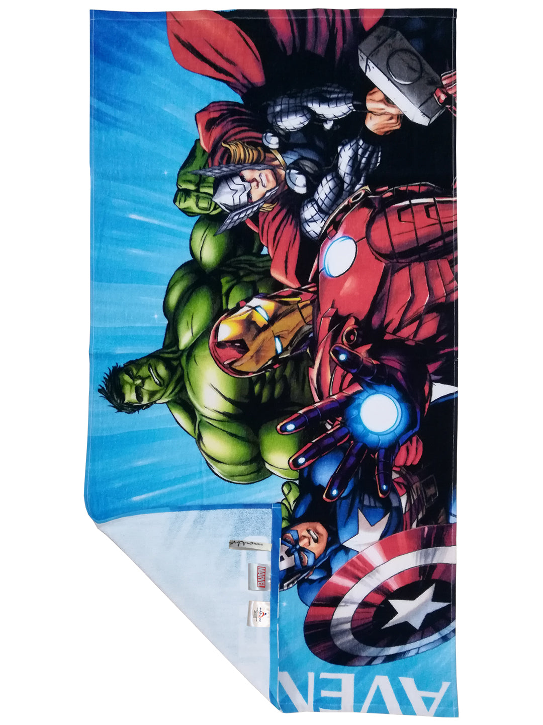 Colorful Marvel Avengers Kids Bath Towel combo pack showcasing Iron Man, Captain America and Hulk in action, made with soft breathable fabric, this Kids Cotton Bath Towel ensures comfort, quick drying and durability for kids.