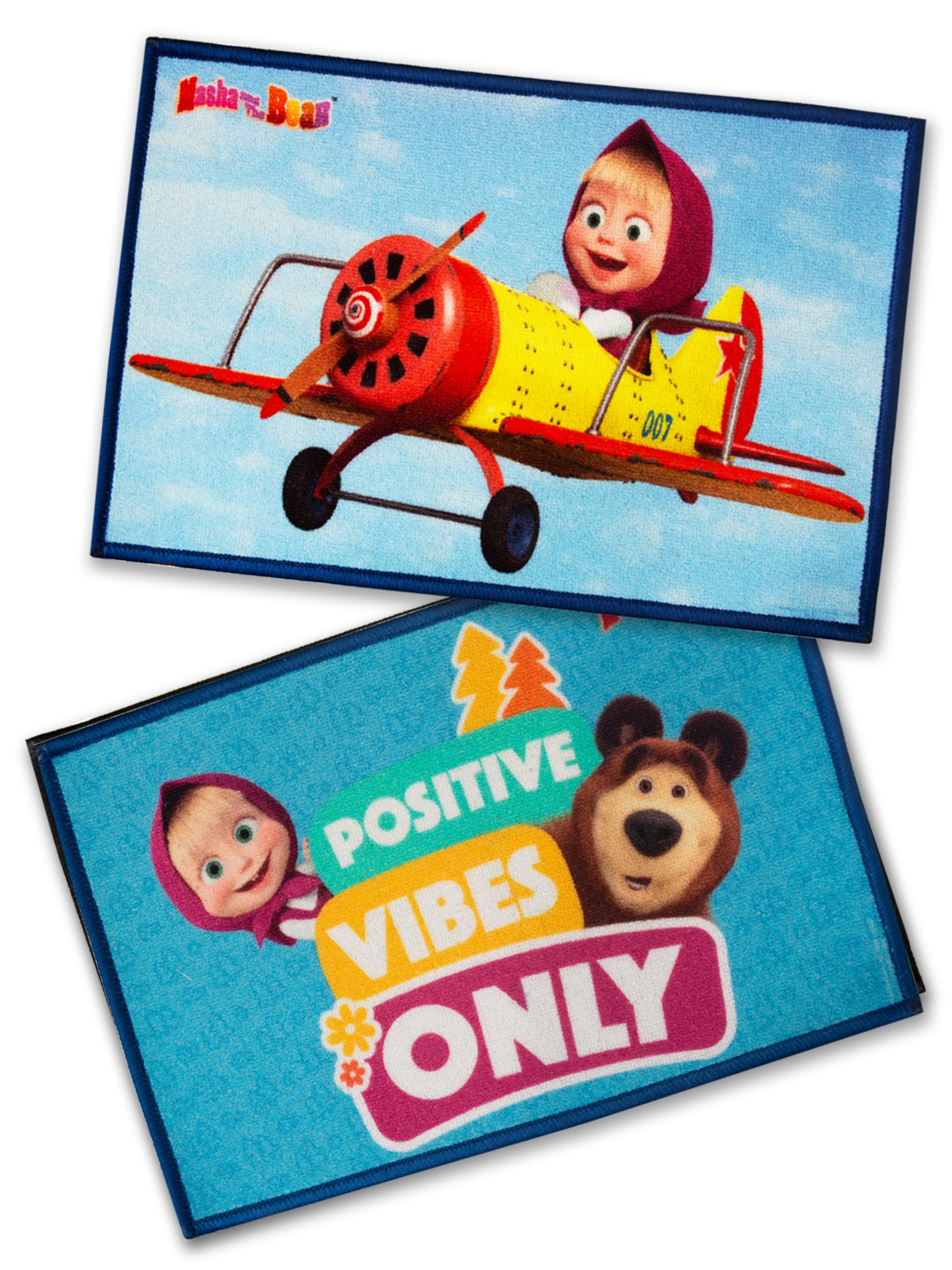 Colorful Masha and The Bear themed kids doormat set of 2, premium nylon with anti-skid latex backing, perfect for home décor, 37x57 cm size.

