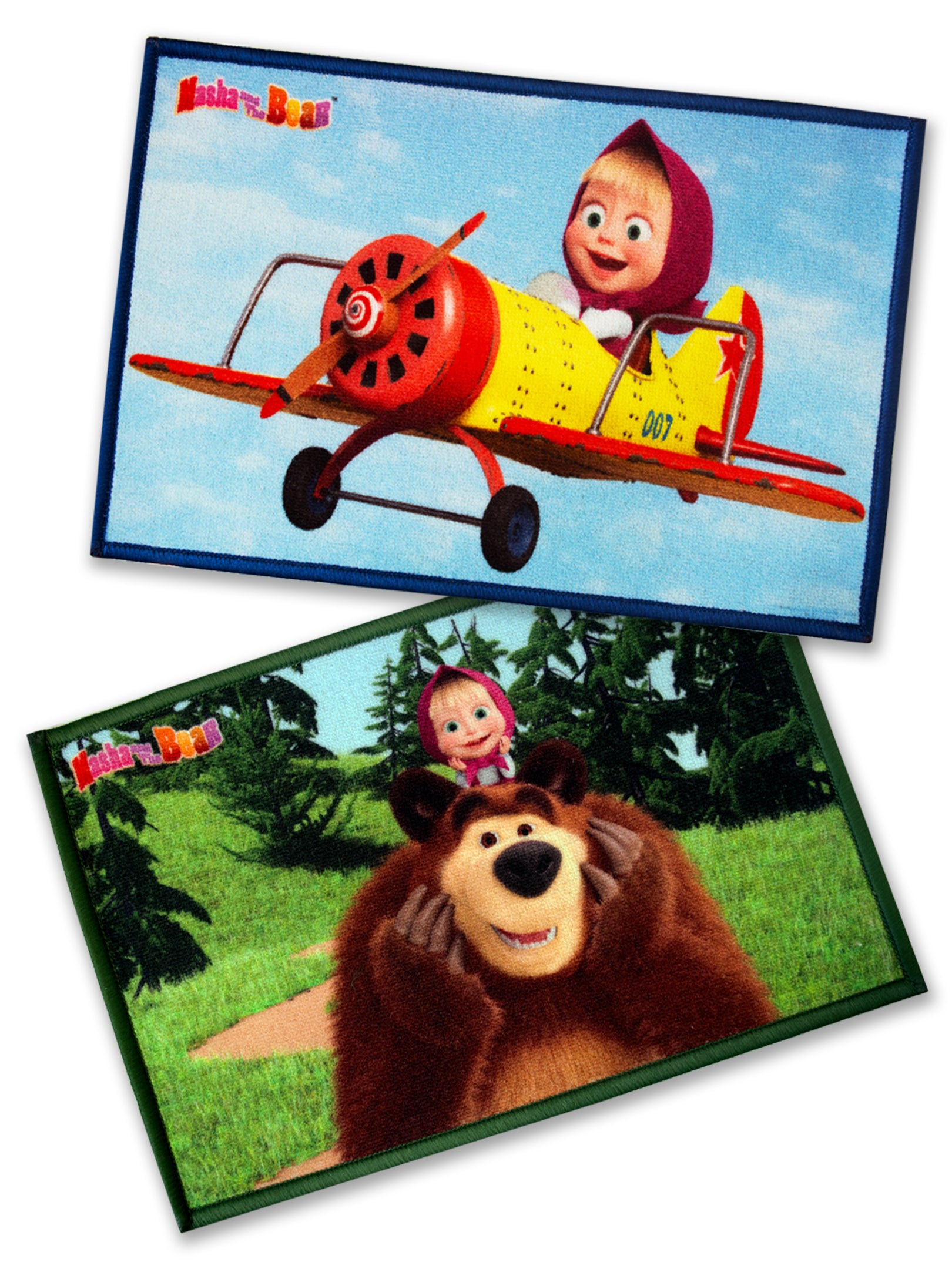 Colorful Masha and The Bear themed kids nylon doormat by Athom Living, anti-skid latex backing, durable 37x57 cm size, combo pack of 2 for home décor.
