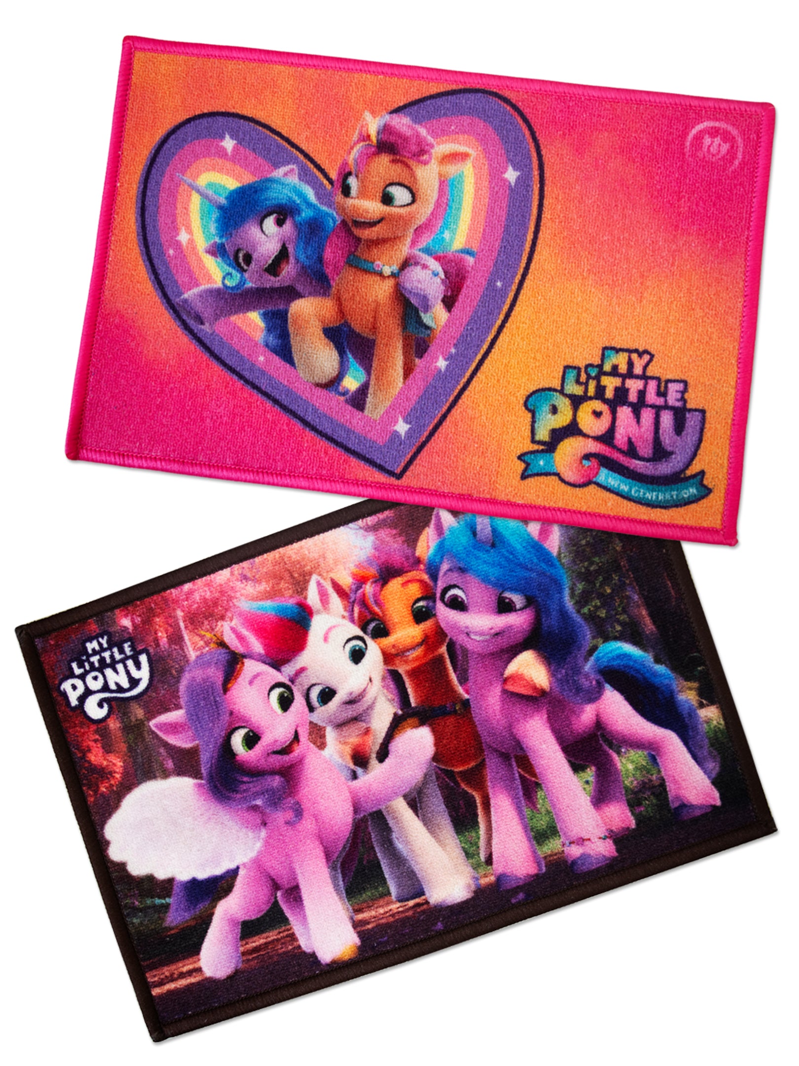 Colorful My Little Pony kids doormat set of 2 with heart theme, durable nylon fabric, anti-slip latex backing, Athom Living home furnishing.
