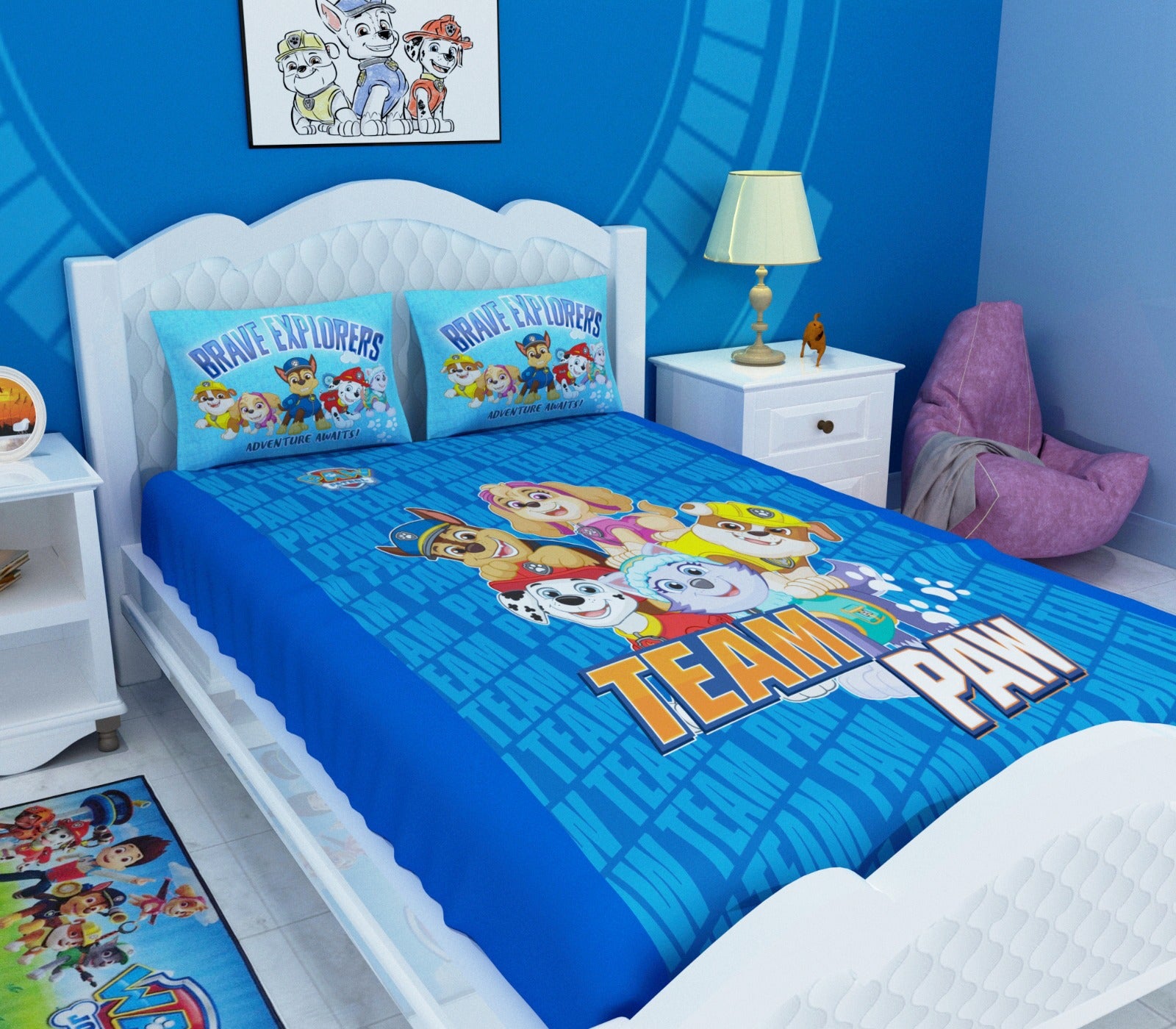 Colorful Paw Patrol Team Power themed kids bedsheet set with 2 pillow cover by Athom Living, crafted in soft cotton with bold character prints, ideal for double beds and creating a cheerful space for young fans.