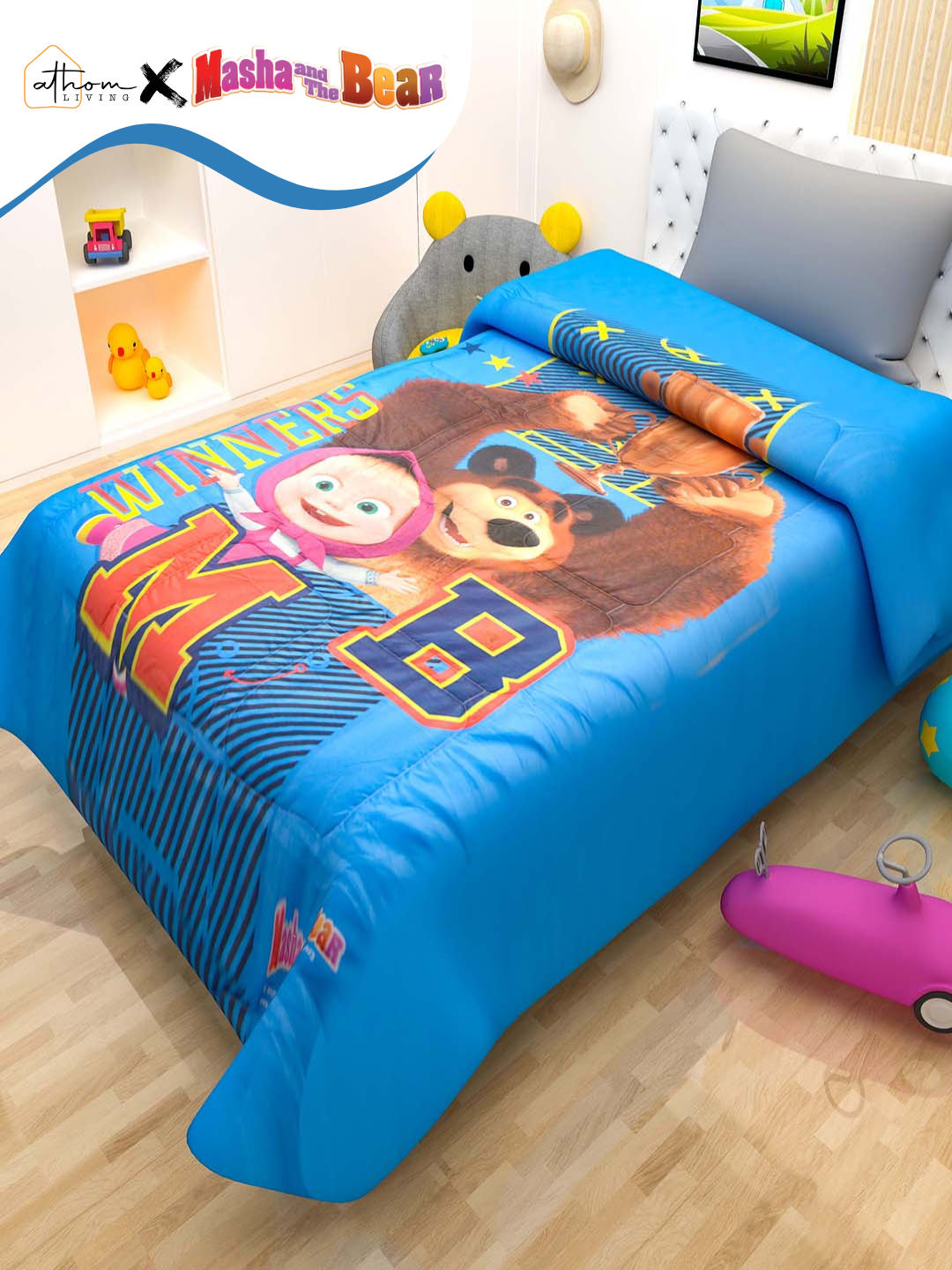 Colorful and comfy Masha & The Bear kids comforter – single, soft polyester bedding that adds fun and comfort to your child’s bedroom by Athom Living.
