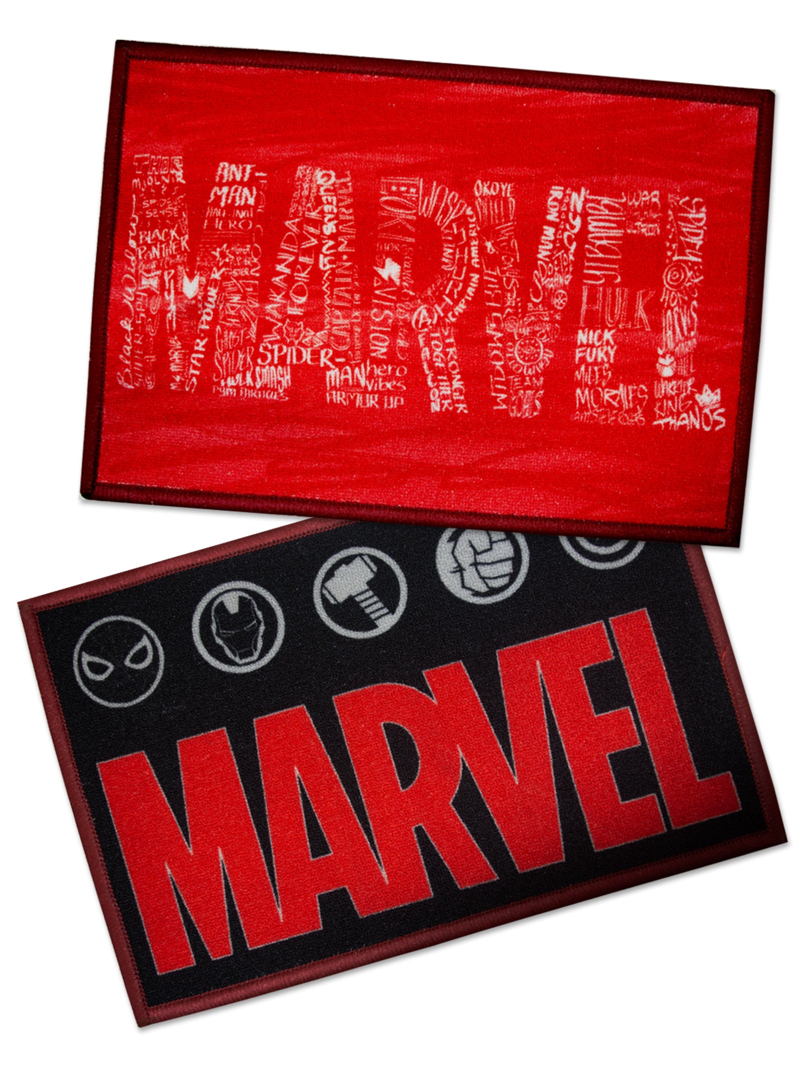 Combo pack of 2 Marvel thick red kids doormats, premium nylon with anti-skid latex backing, 37x57 cm, textured print for lasting style.

