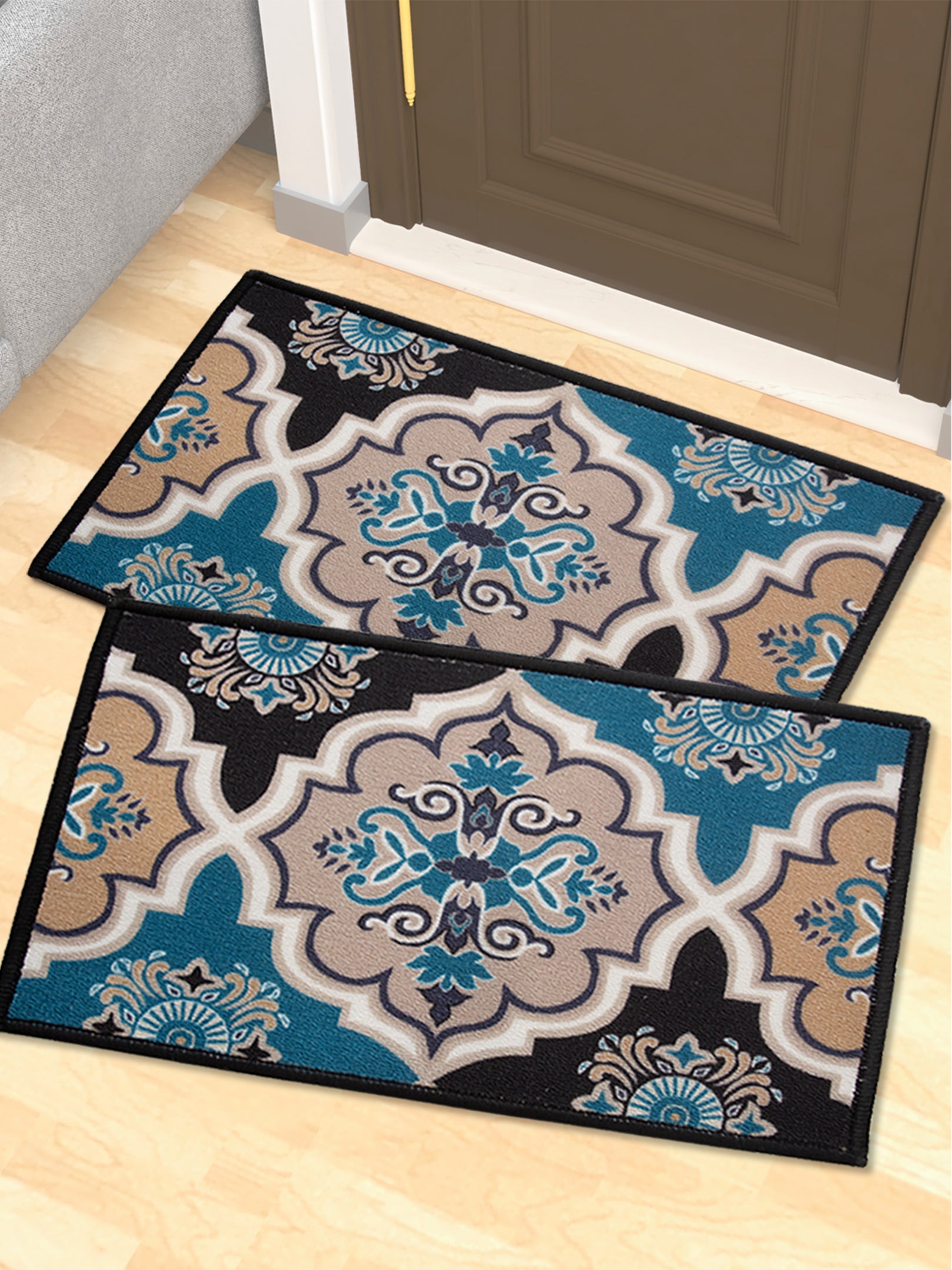 "Contemporary Blue Premium Anti Slip Printed Door Mat Pack of 2 by Athom Living placed at an entryway, highlighting modern style, durable texture, and superior grip, ideal as a versatile doormat or bathmat."