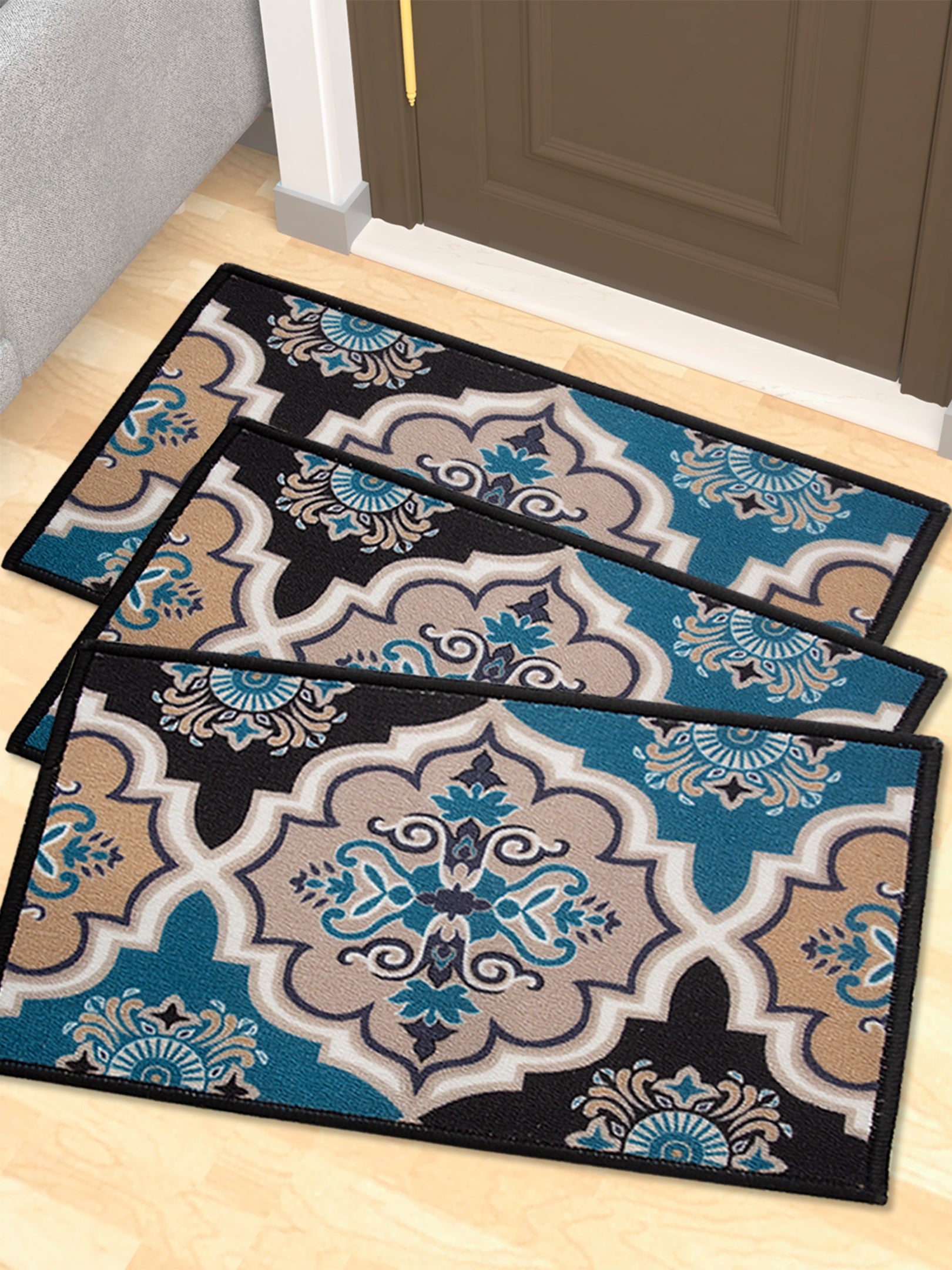 Contemporary Blue Premium Anti Slip Printed Door Mat Pack of 3 by Athom Living, designed for modern homes, featuring durable texture and strong grip for everyday use, perfect as a stylish doormat or bathmat.