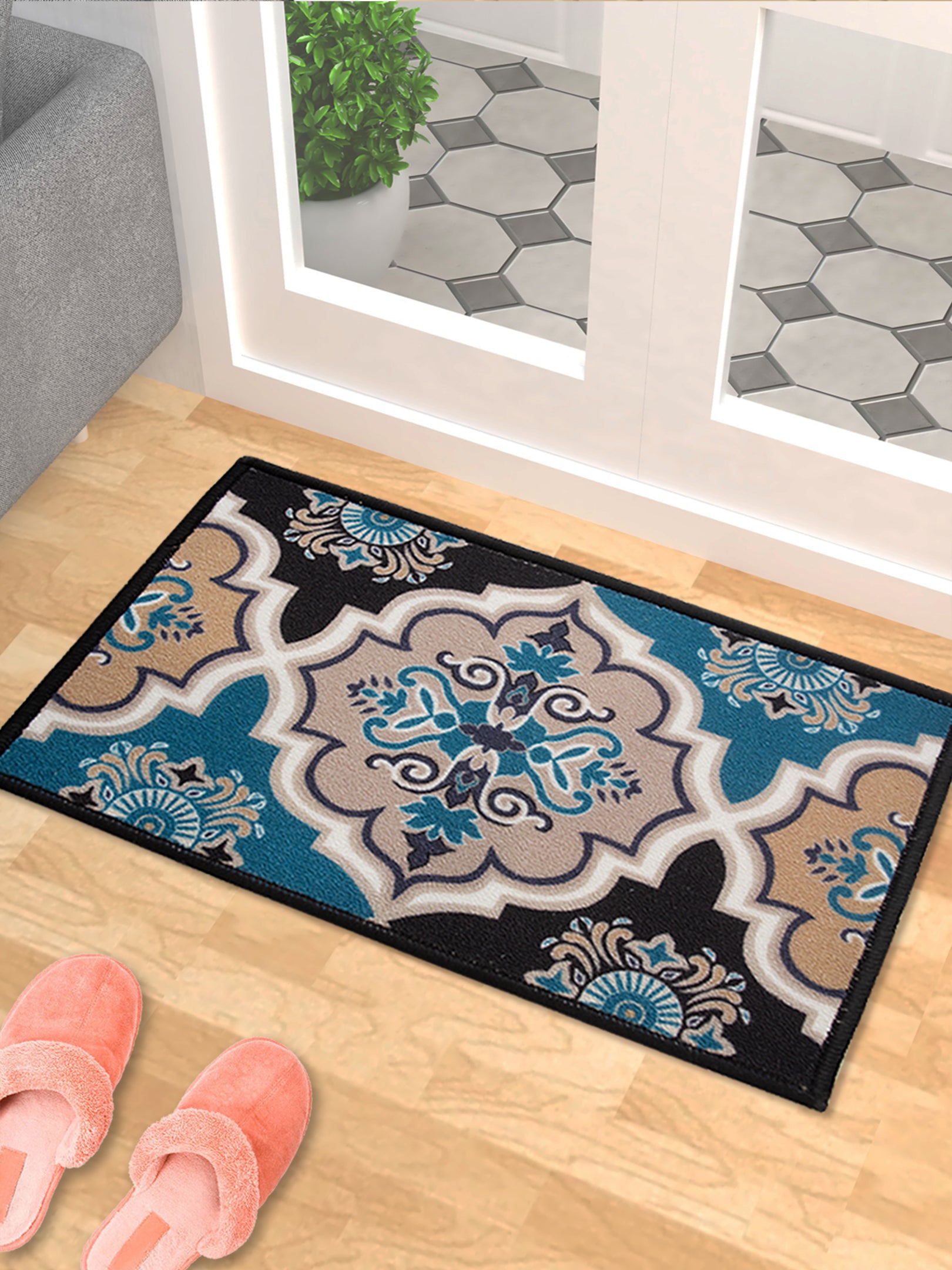 Contemporary blue premium anti slip printed doormat by Athom Living, designed for modern homes, offering durable texture, stylish appeal, and reliable grip to enhance any doorway with this elegant bat
