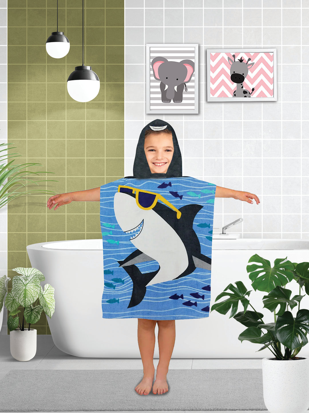 Cool Baby Shark kids hooded bath towel poncho 60x120 cm by Athom Living, soft cotton, quick-dry, lightweight, perfect for kids’ bath time and beach fun.