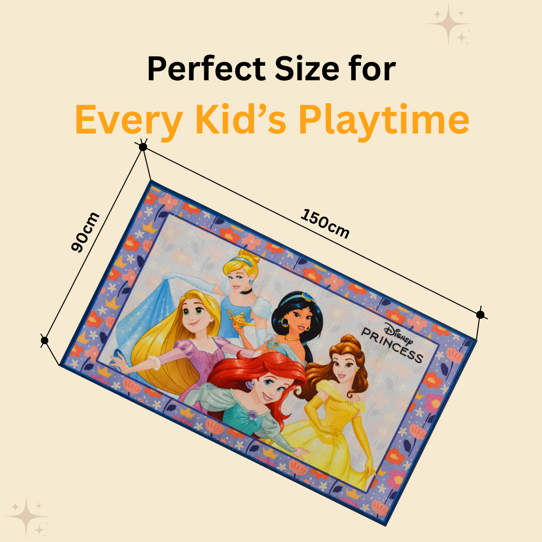 Cozy Disney Princess carpet with bright, enchanting designs. This 90x150 cm carpet is perfect for kids’ rooms, offering a soft surface and delightful fairy tale imagery.
