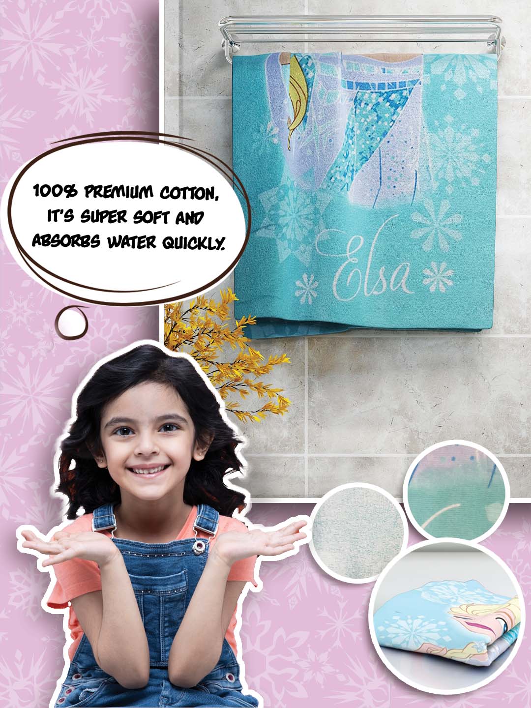 Cozy and absorbent Disney Elsa Frozen kids bath towel, crafted in 350 GSM cotton, 60x120 cm, designed for ultimate bath time care.