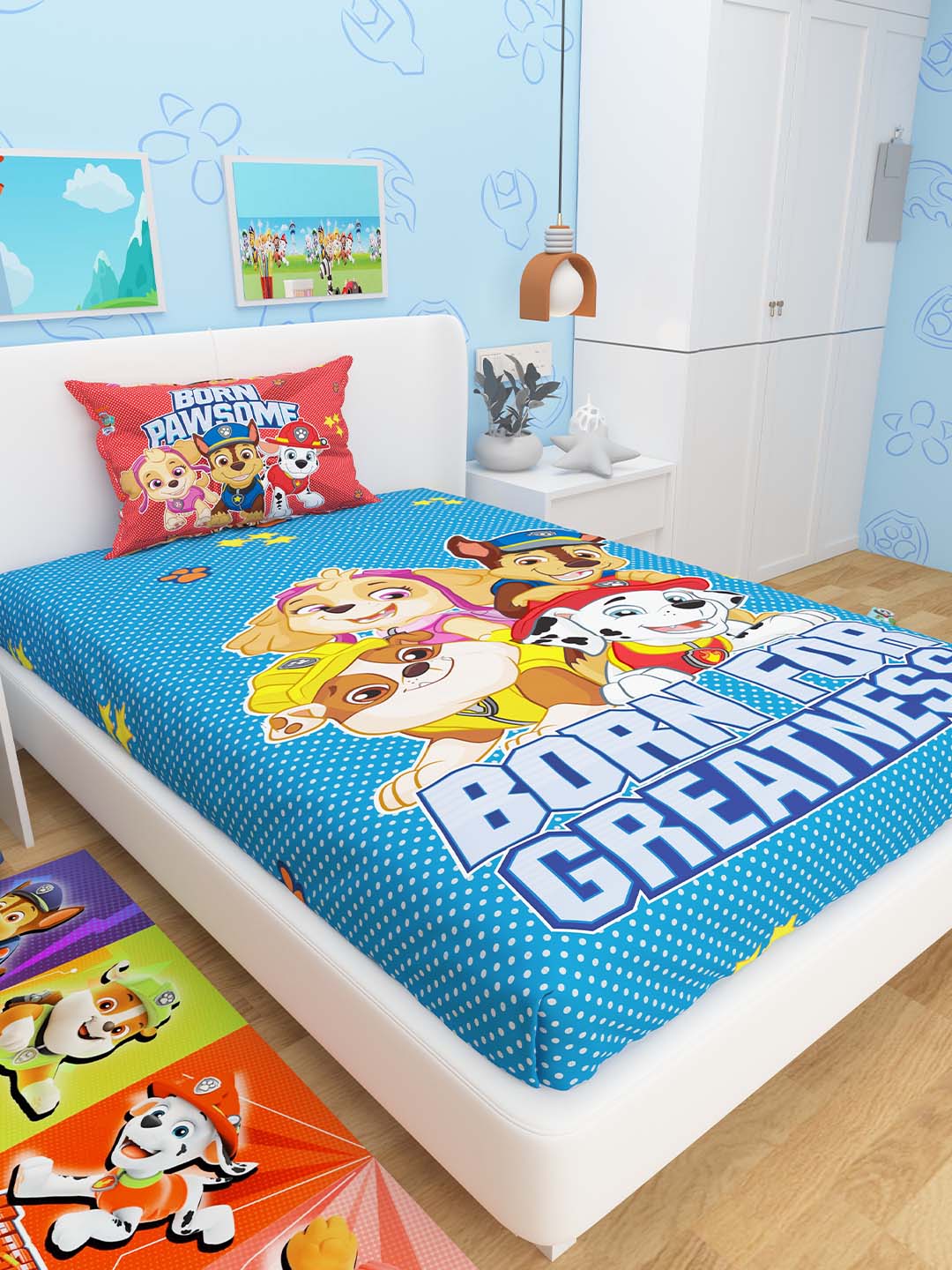 Cozy and durable Born For Greatness Paw Patrol kids single bedsheet with 1 pillow cover and runner carpet, perfect for kids’ rooms, made with premium cotton for softness and vibrant designs.