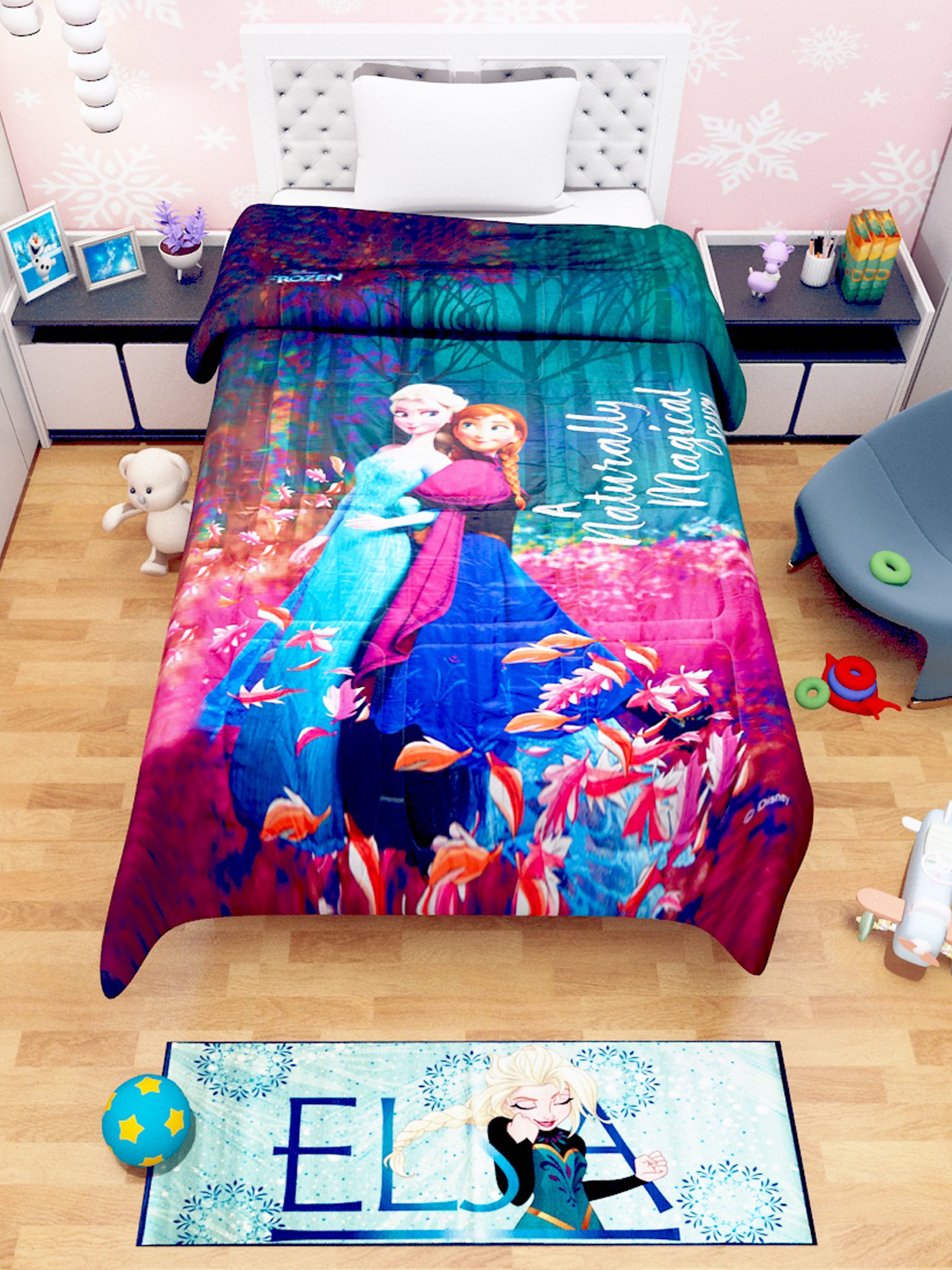 Cozy up with our Disney Frozen Comforter for Kids, featuring Elsa and Anna design, made from soft cotton for warmth, comfort, and magical bedtime dreams.