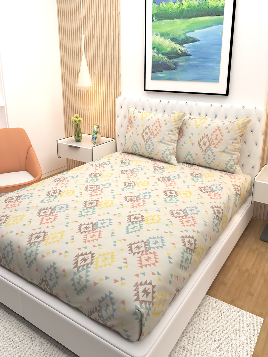 Cream triangle print double bedsheet by Athom Living shown with matching pillows, offering a soft, elegant and modern look. This high-quality bedsheet elevates décor while providing comfort for everyday use.