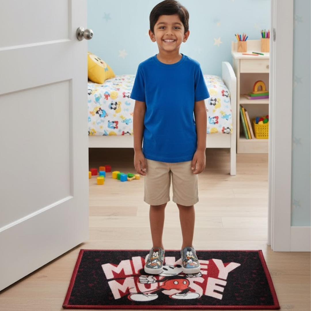 Cute Disney Mickey Mouse themed carpet and doormat set by Athom Living designed for kids’ spaces. Premium quality anti skid carpet & doormat combo offers strong grip, easy cleaning, and playful home styling.