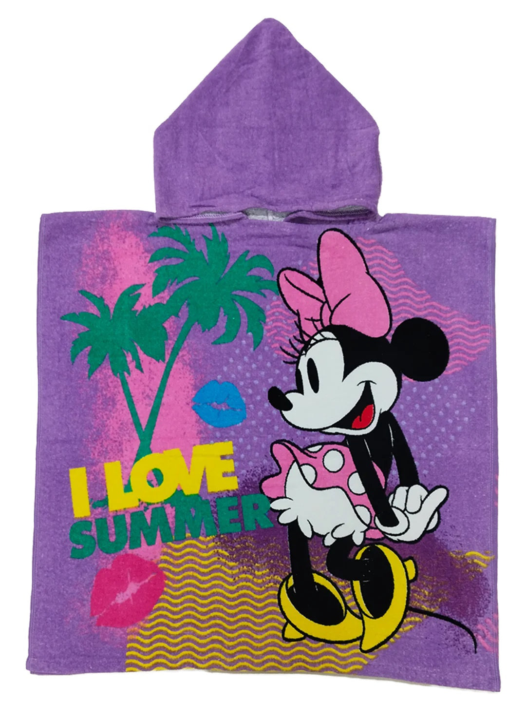 Cute I Love Minnie kids hooded bath towel poncho by Athom Living, soft 100% cotton, skin-friendly, absorbent, lightweight, perfect for kids’ bath.