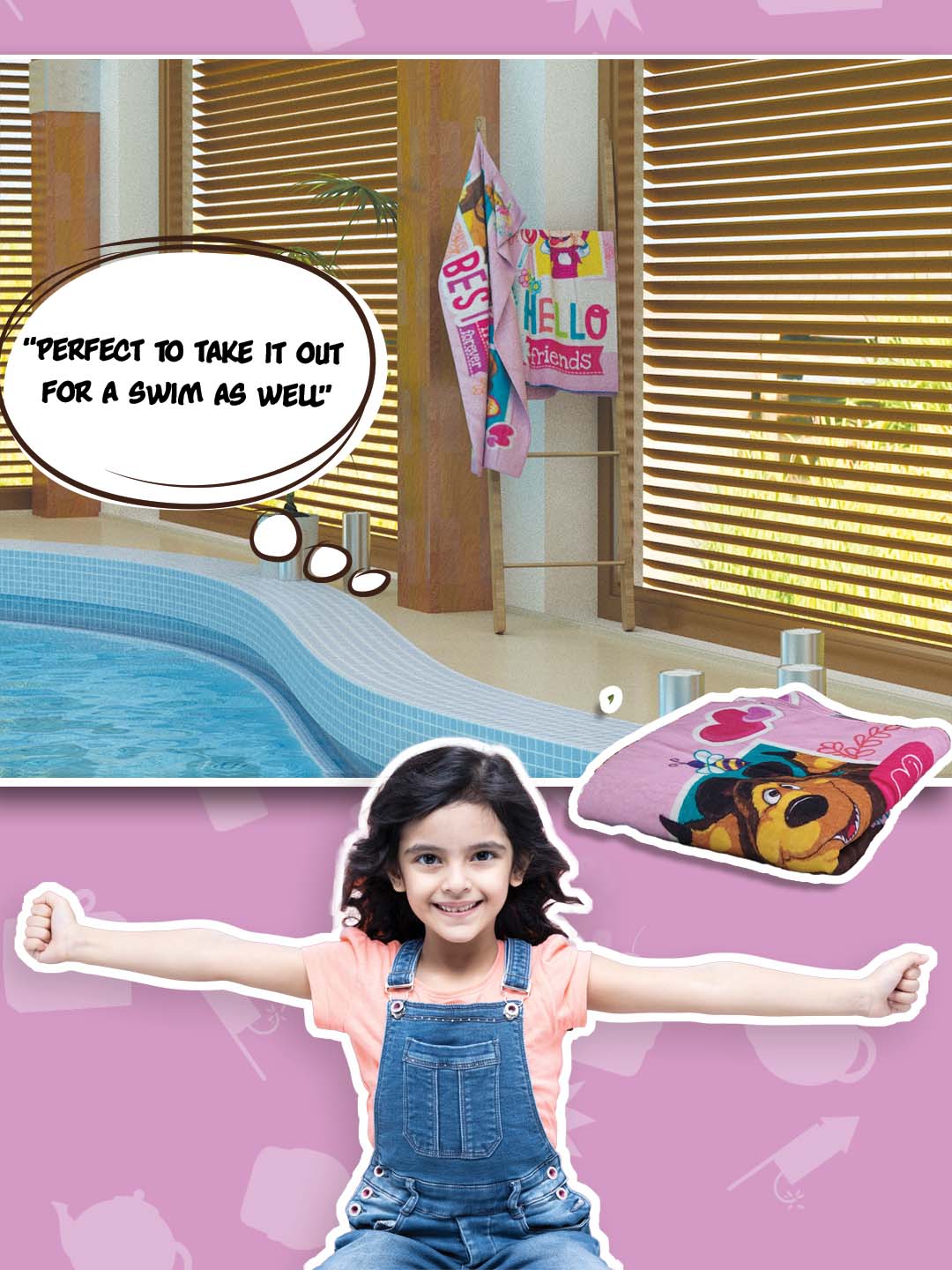 Cute Masha & The Bear kids towel in pink, 350 GSM premium cotton, 60x120 cm, soft, skin-friendly, and perfect for kids’ bath and pool routines.