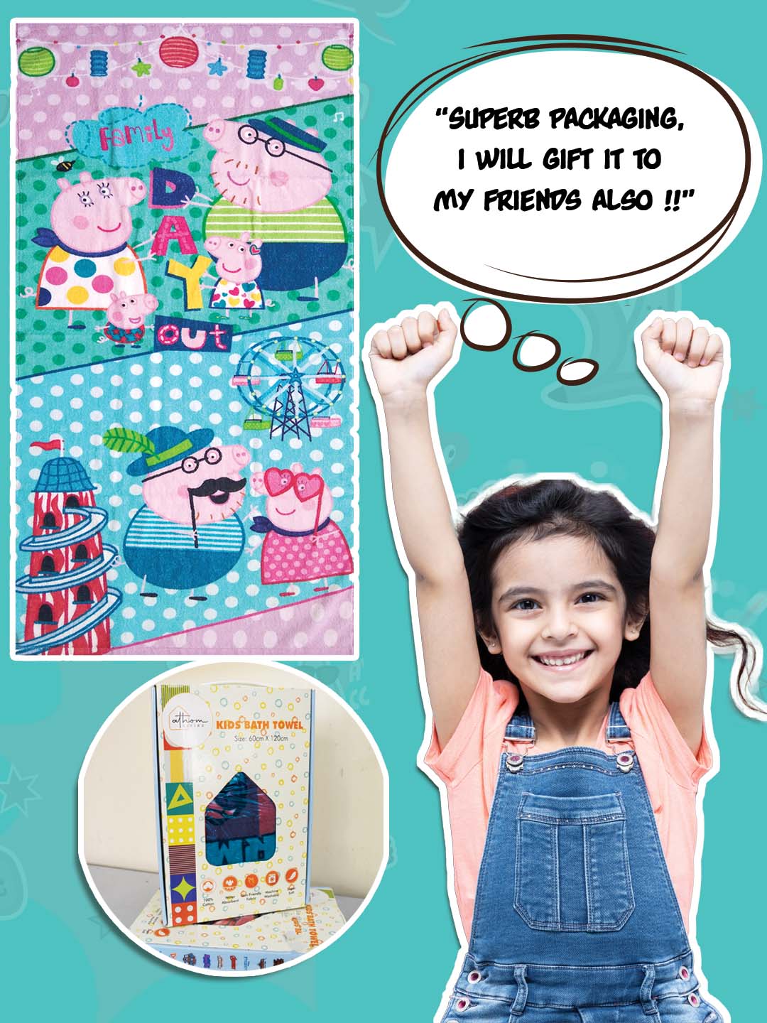 Cute Peppa Pig design kids bath towel, 60x120 cm, made of 100% cotton, 350 GSM, absorbent, skin-friendly, ideal for daily bath or travel.