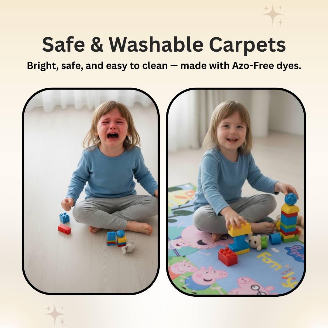 Cute Peppa Pig family themed kids runner carpet by Athom Living, crafted with durable, soft fibres and vibrant print to bring happiness, comfort and playful elegance to your child’s favourite space.