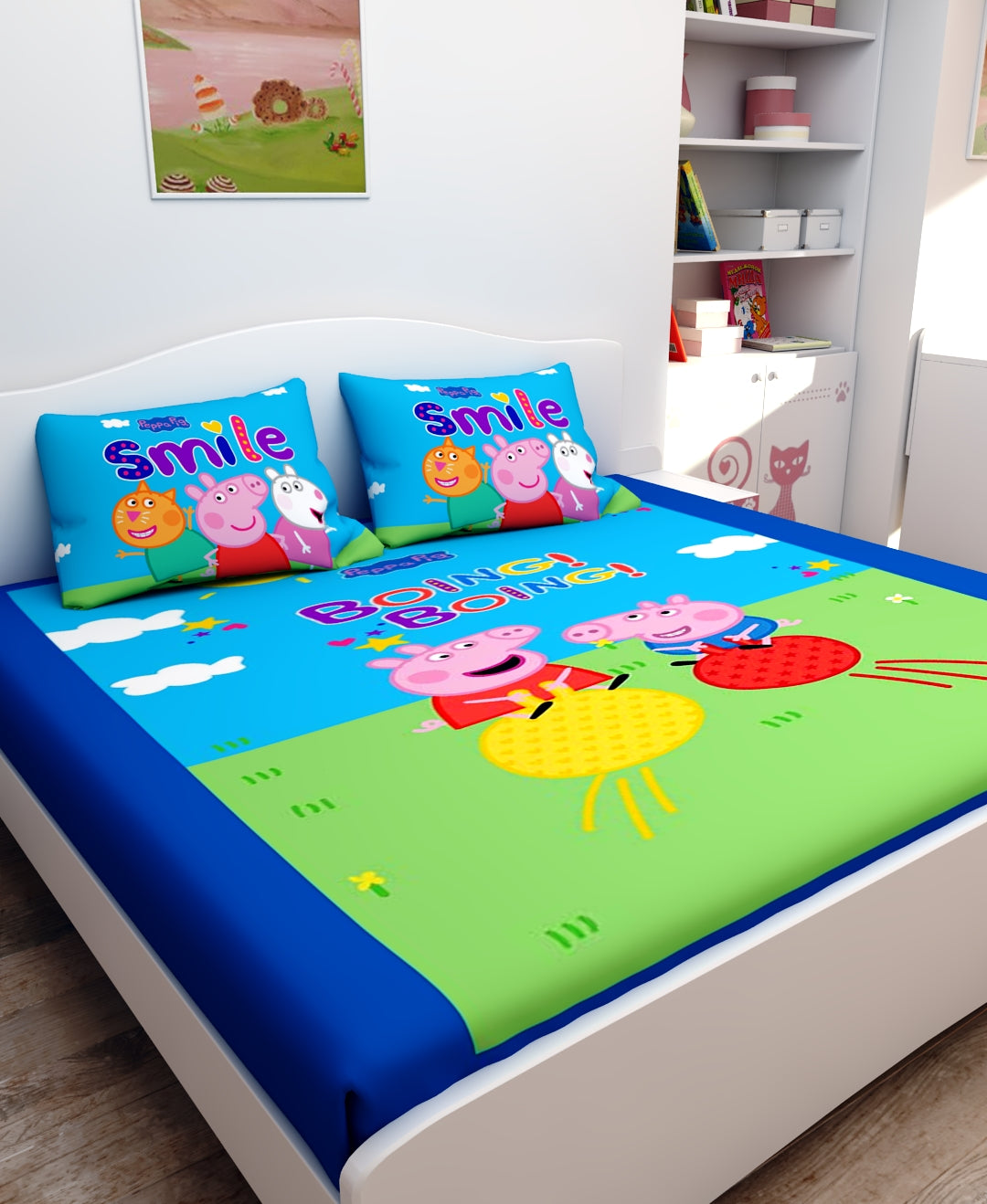 Cute Peppa Pig themed kids Cotton Double Bedsheet Set designed by Athom Living, offering soft cotton comfort, durable quality, and two coordinated pillow covers ideal for fun and playful children’s bedrooms.