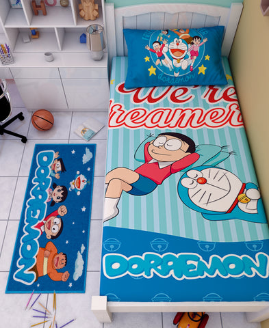 Athom Living Doremon We 're Dreamers Cotton Single Kids Bedsheet With Runner Carpet
