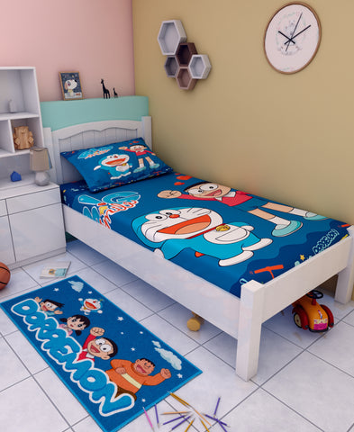 Athom Living Doraemon Big Smile Cotton Single Kids Bedsheet with Runner Carpet
