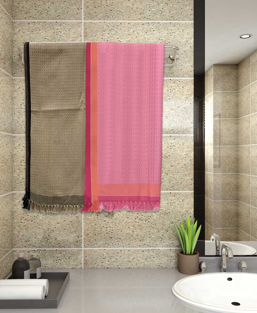Dark brown pink cotton bath towel pack of two sets
